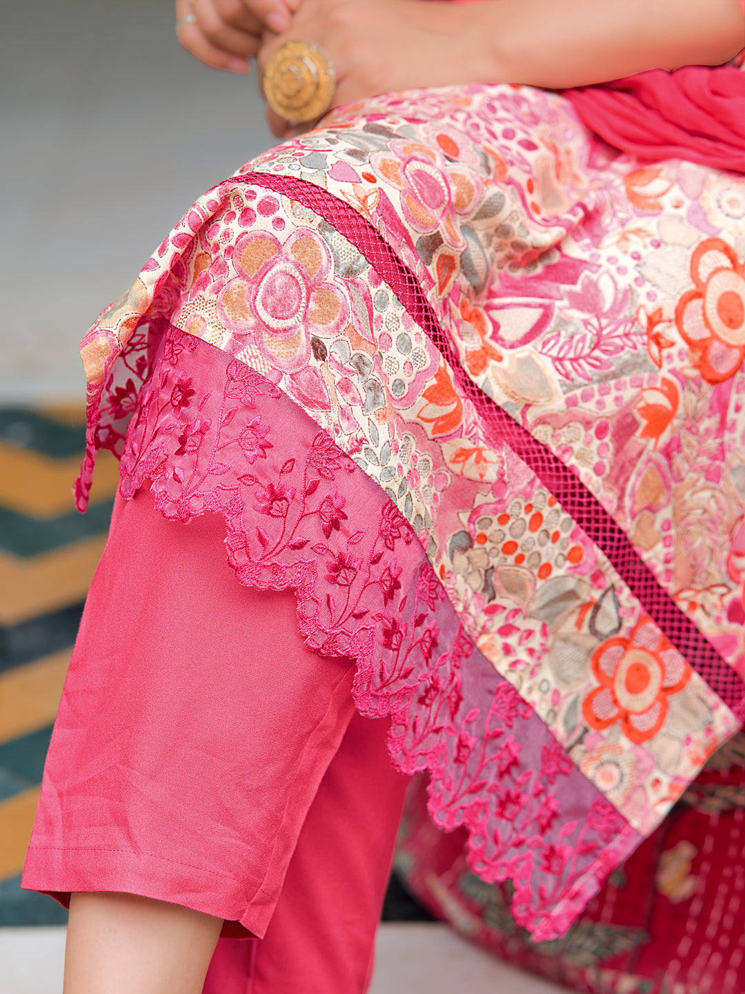 Embroidered & Floral Printed Kurta With Pant & Dupatta, Pink - Hiral Fashion