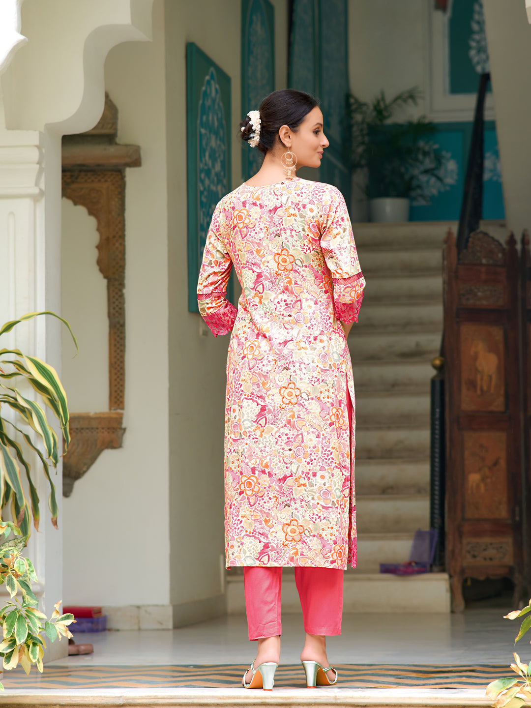 Embroidered & Floral Printed Kurta With Pant & Dupatta, Pink - Hiral Fashion