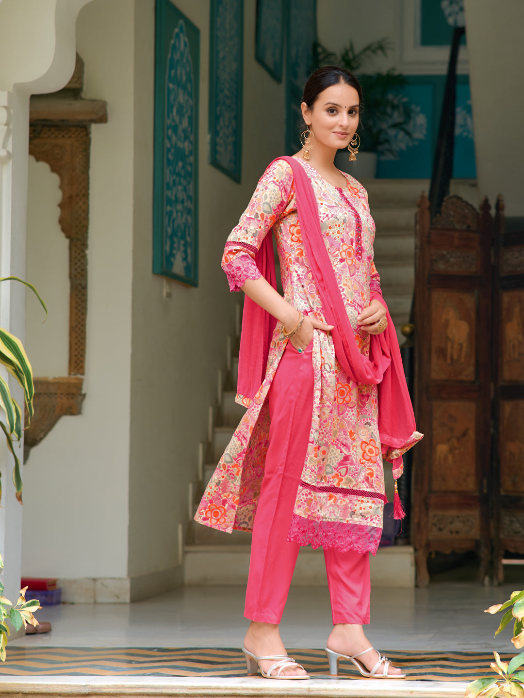 Embroidered & Floral Printed Kurta With Pant & Dupatta, Pink - Hiral Fashion