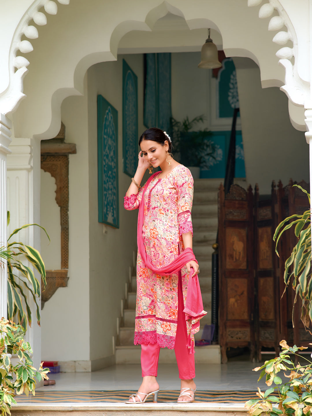 Embroidered & Floral Printed Kurta With Pant & Dupatta, Pink - Hiral Fashion