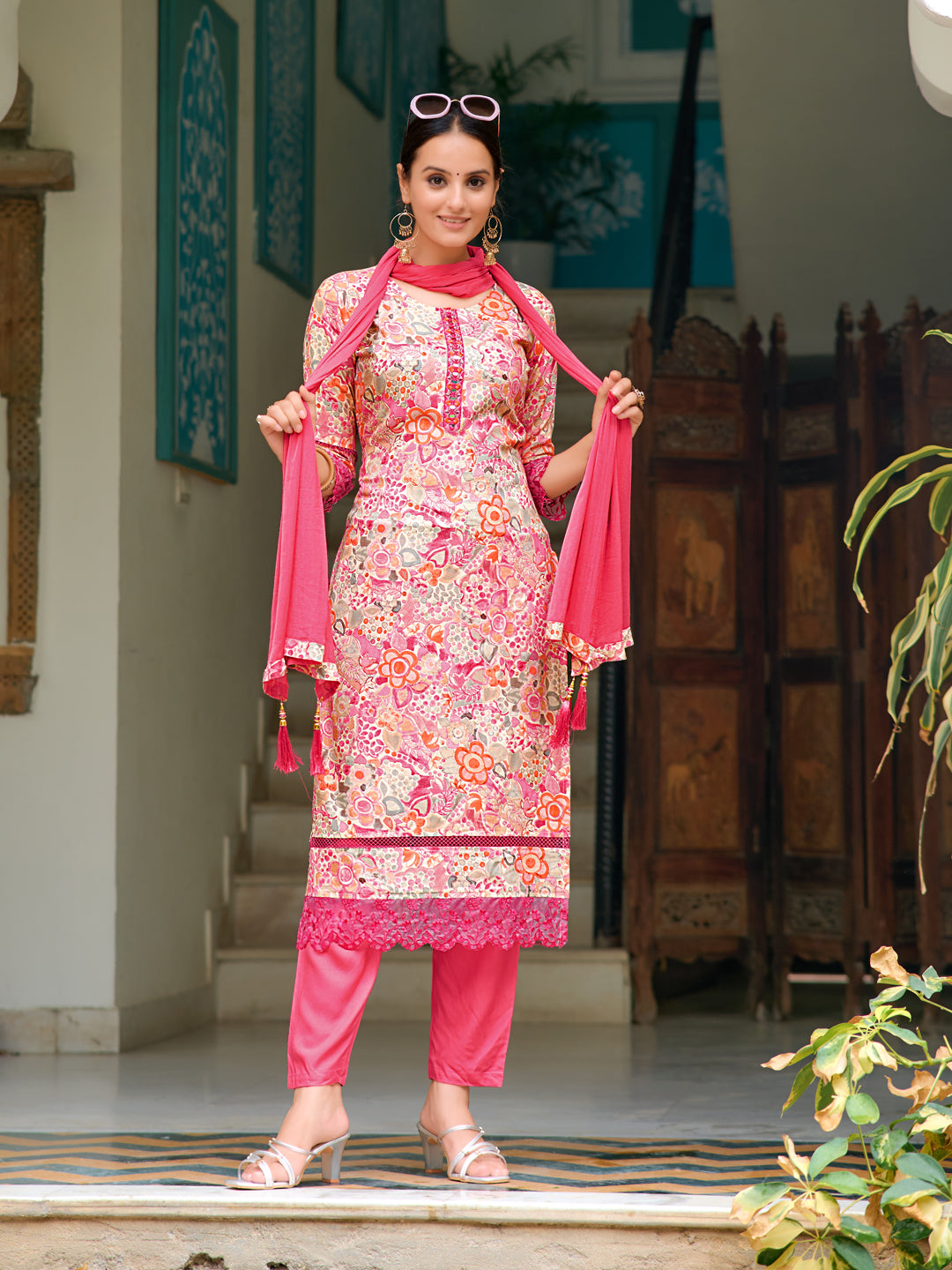 Embroidered & Floral Printed Kurta With Pant & Dupatta, Pink - Hiral Fashion