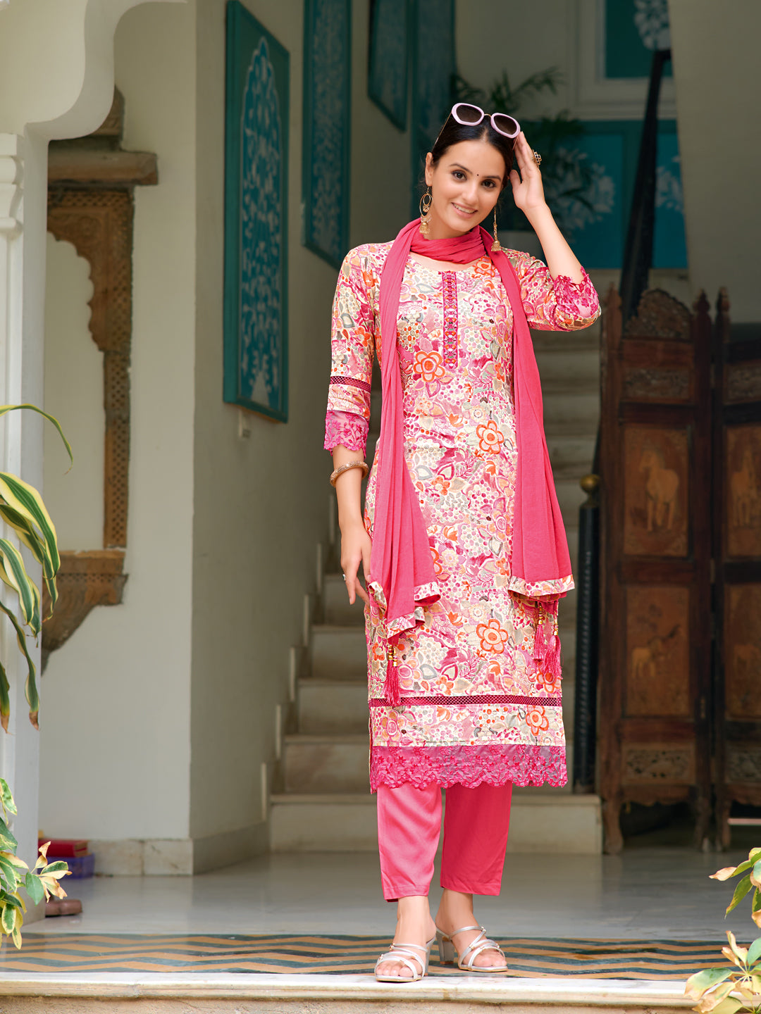 Embroidered & Floral Printed Kurta With Pant & Dupatta, Pink - Hiral Fashion