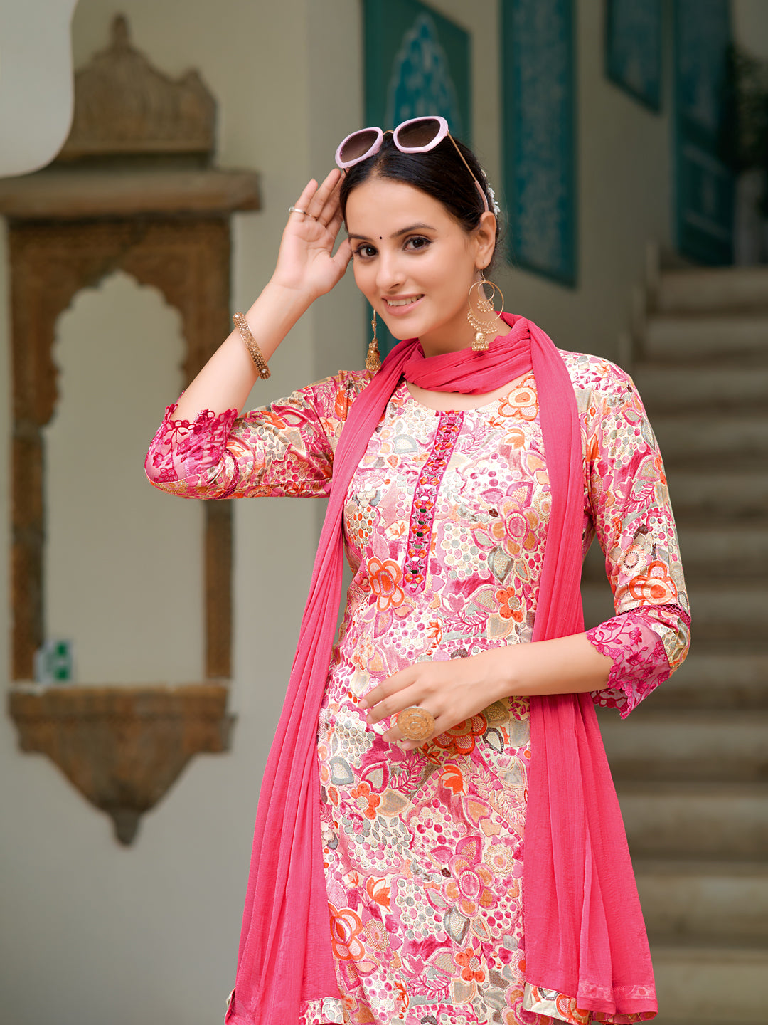 Embroidered & Floral Printed Kurta With Pant & Dupatta, Pink - Hiral Fashion