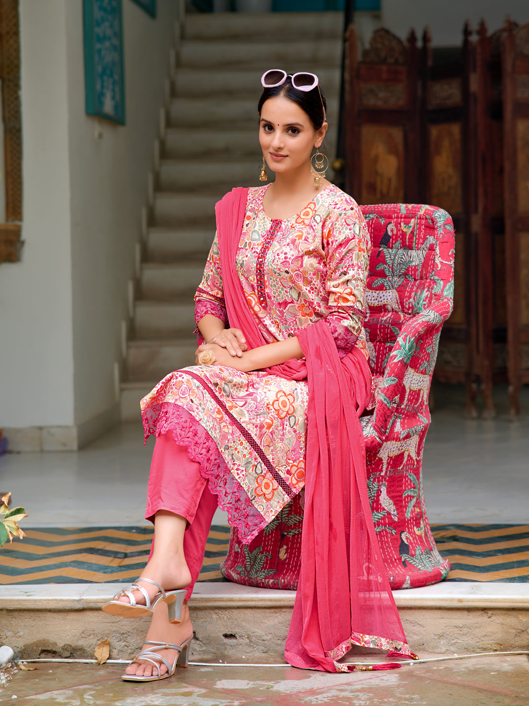 Embroidered & Floral Printed Kurta With Pant & Dupatta, Pink - Hiral Fashion
