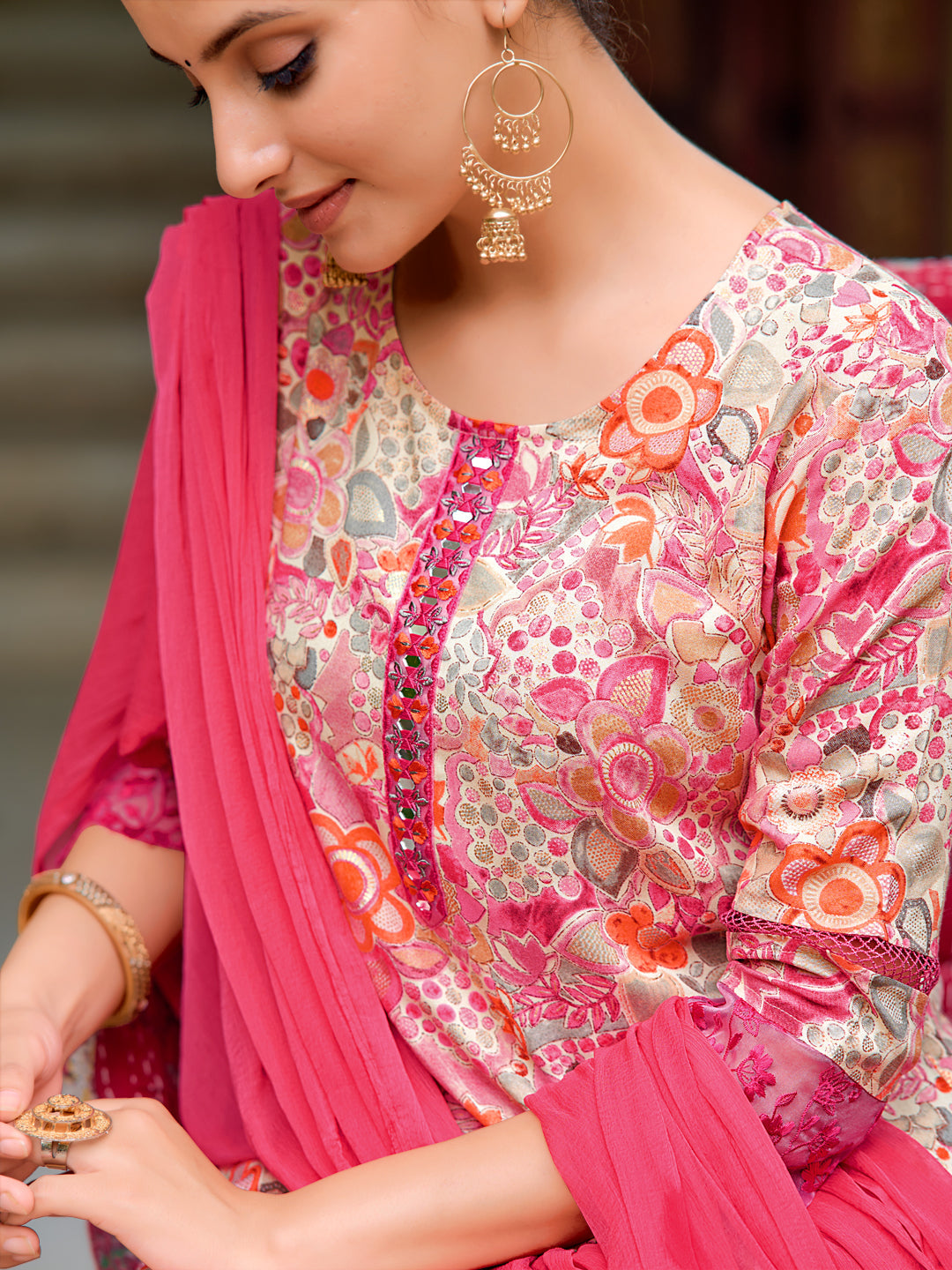 Embroidered & Floral Printed Kurta With Pant & Dupatta, Pink - Hiral Fashion