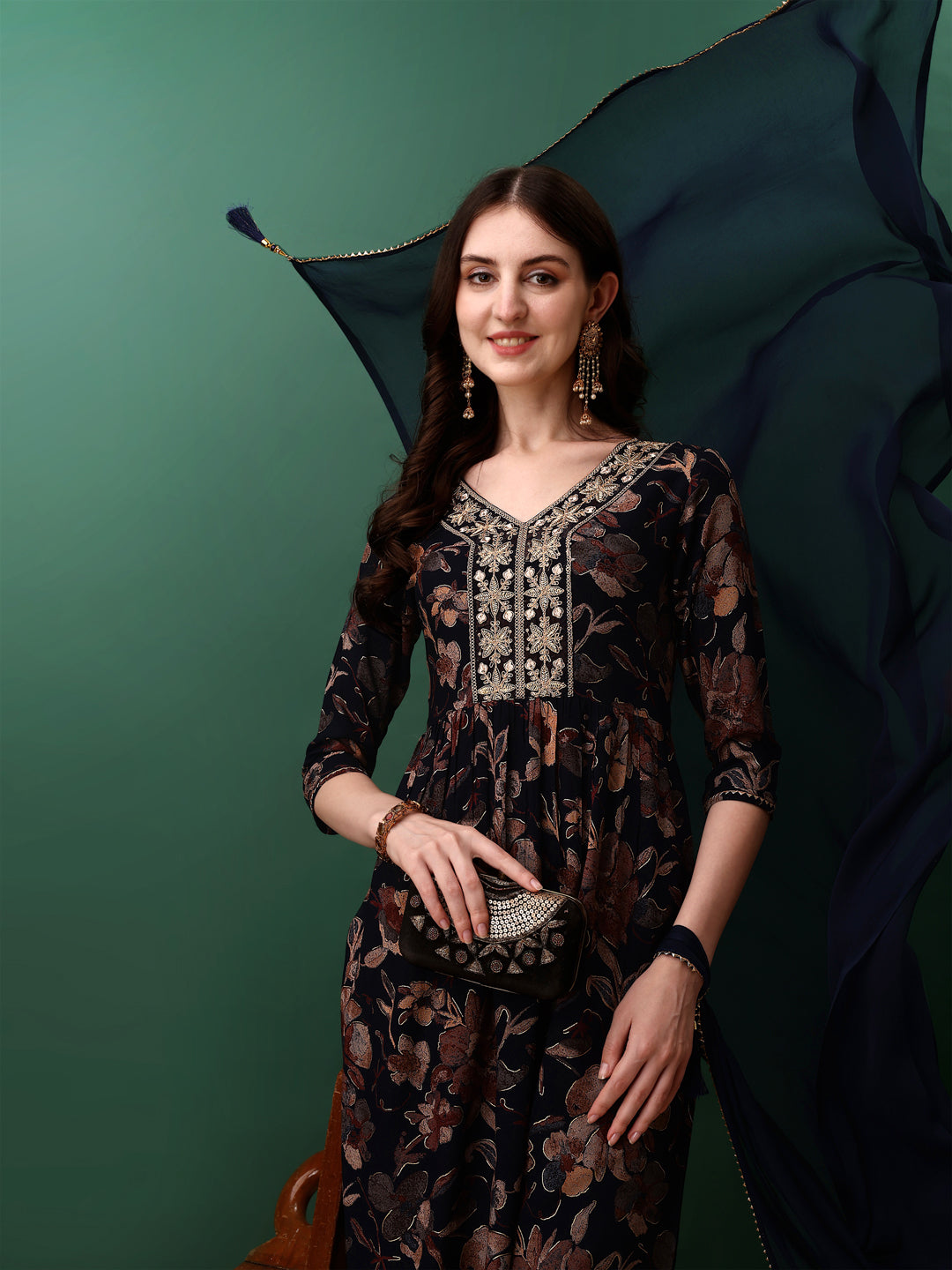 Flared Embroidered & Floral Printed Kurta With Pant & Dupatta, Navy Blue - Hiral Fashion