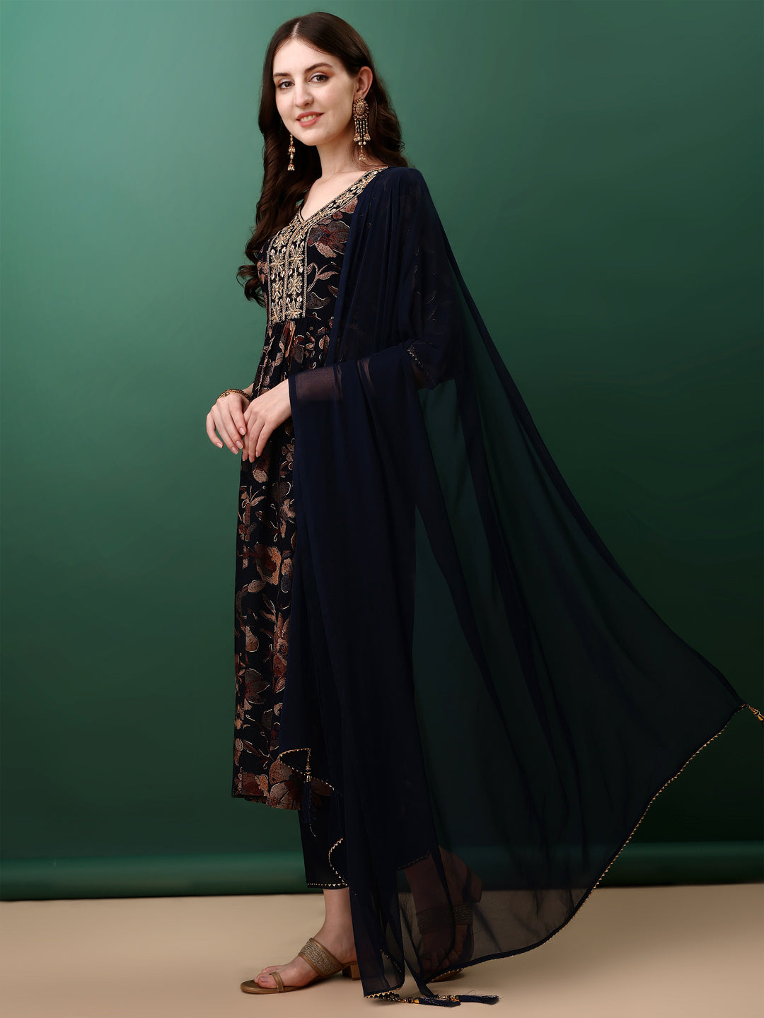 Flared Embroidered & Floral Printed Kurta With Pant & Dupatta, Navy Blue - Hiral Fashion