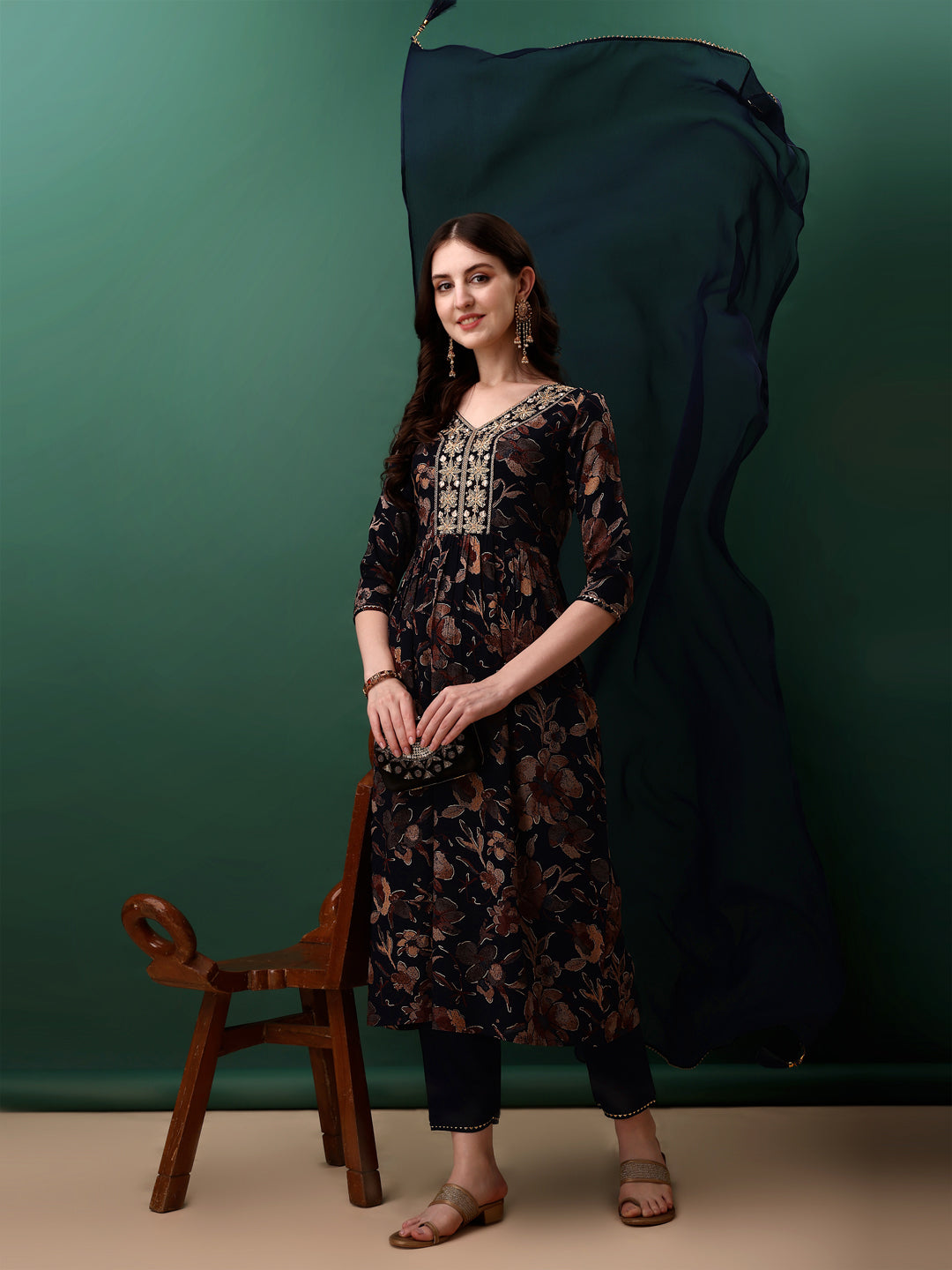 Flared Embroidered & Floral Printed Kurta With Pant & Dupatta, Navy Blue - Hiral Fashion