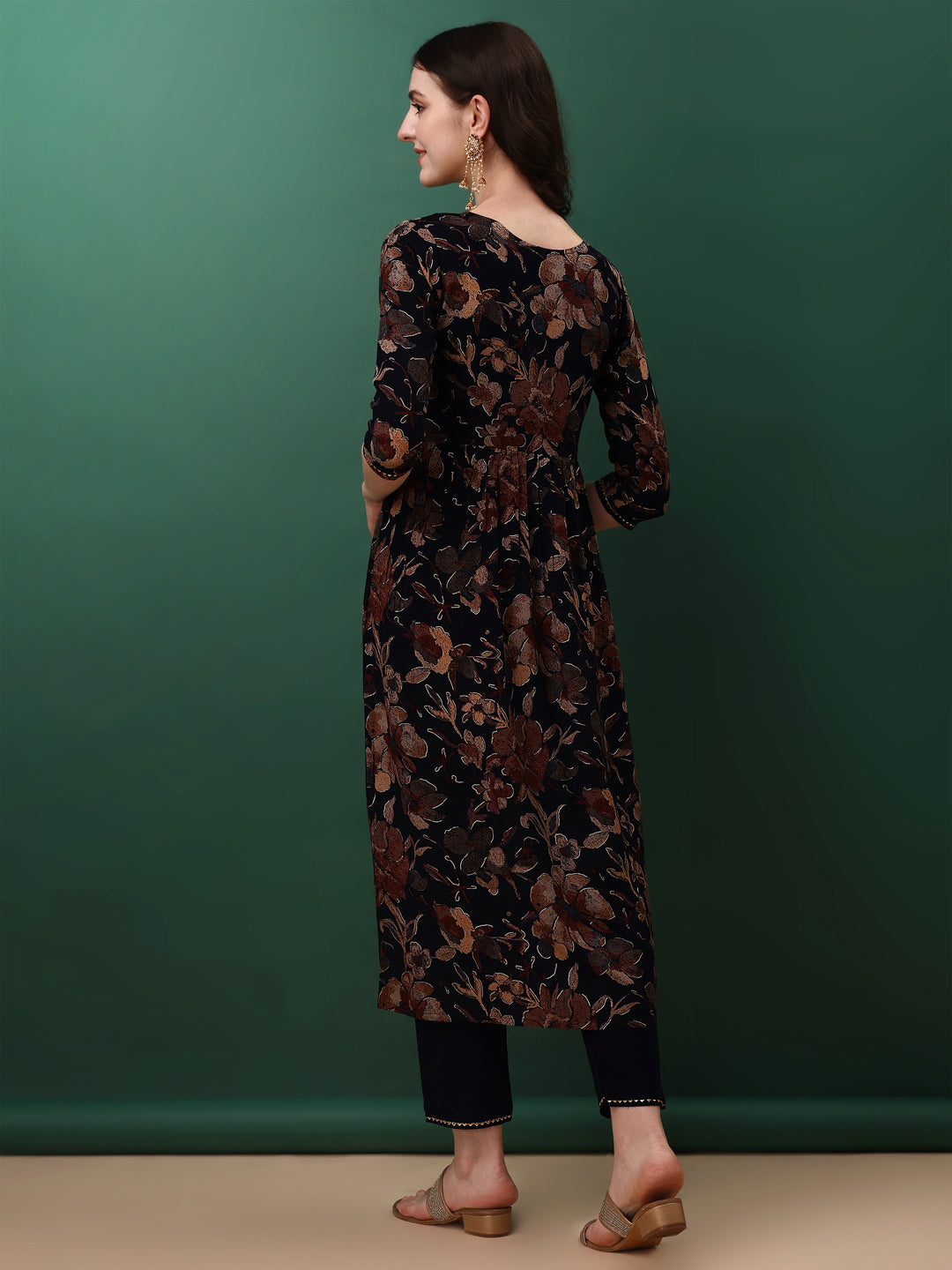 Flared Embroidered & Floral Printed Kurta With Pant & Dupatta, Navy Blue - Hiral Fashion