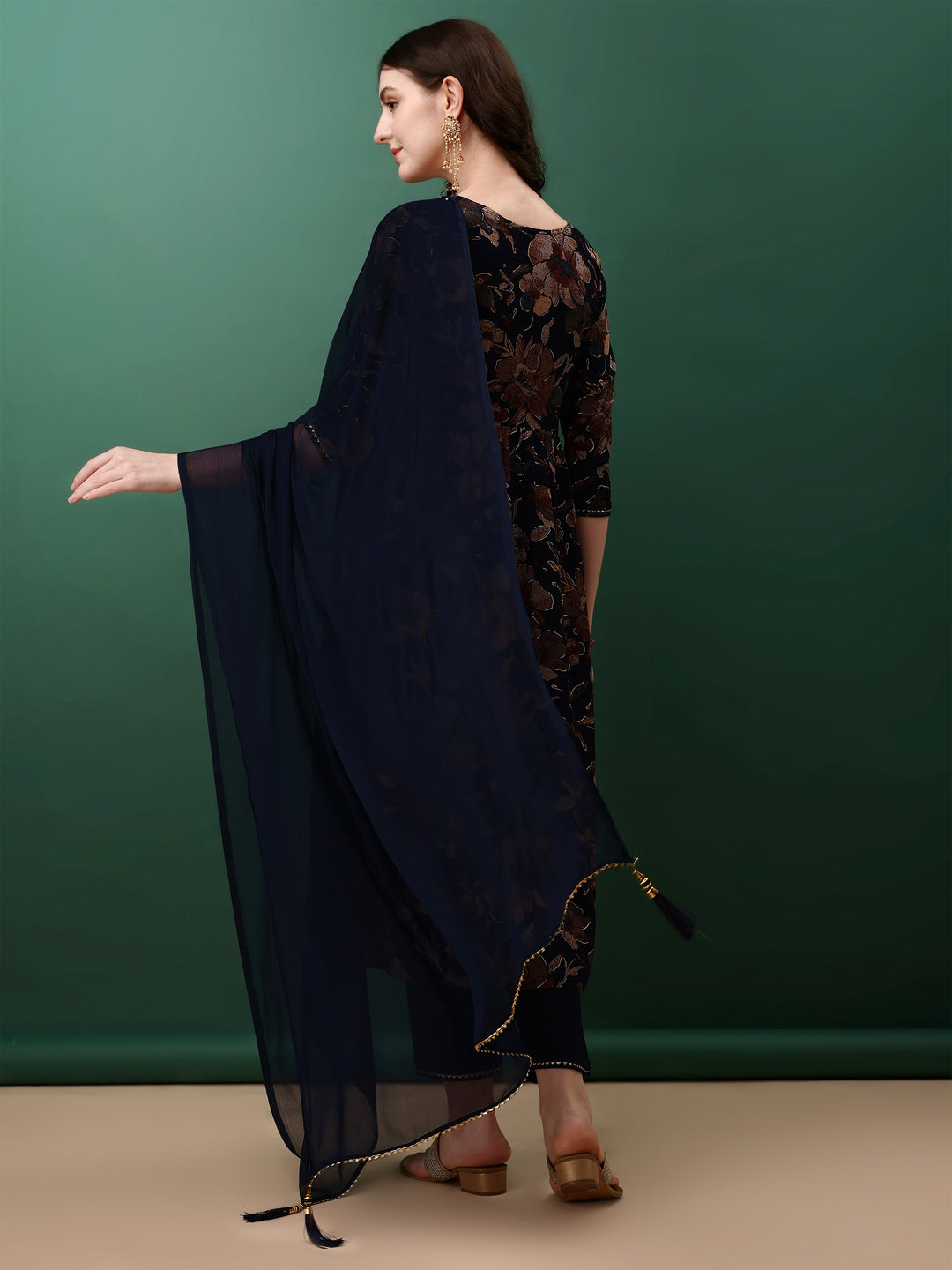 Flared Embroidered & Floral Printed Kurta With Pant & Dupatta, Navy Blue - Hiral Fashion