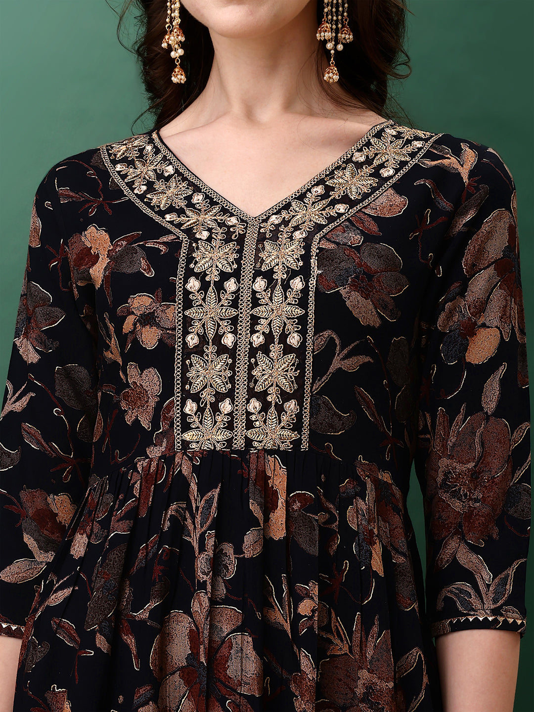 Flared Embroidered & Floral Printed Kurta With Pant & Dupatta, Navy Blue - Hiral Fashion