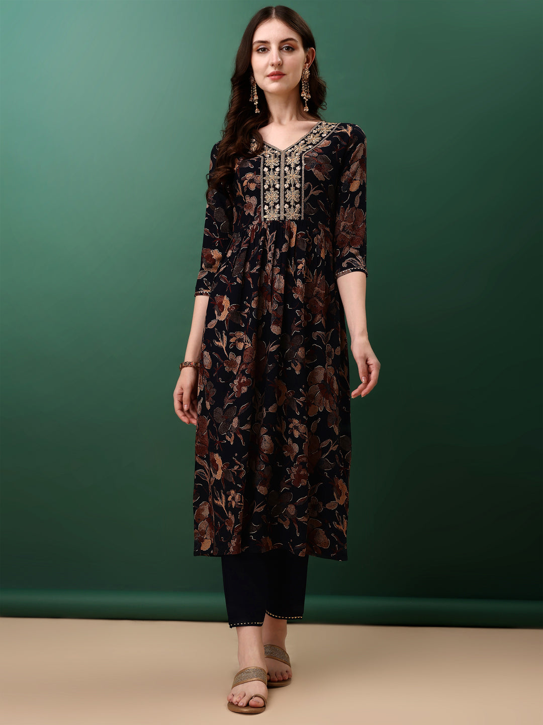 Flared Embroidered & Floral Printed Kurta With Pant & Dupatta, Navy Blue - Hiral Fashion