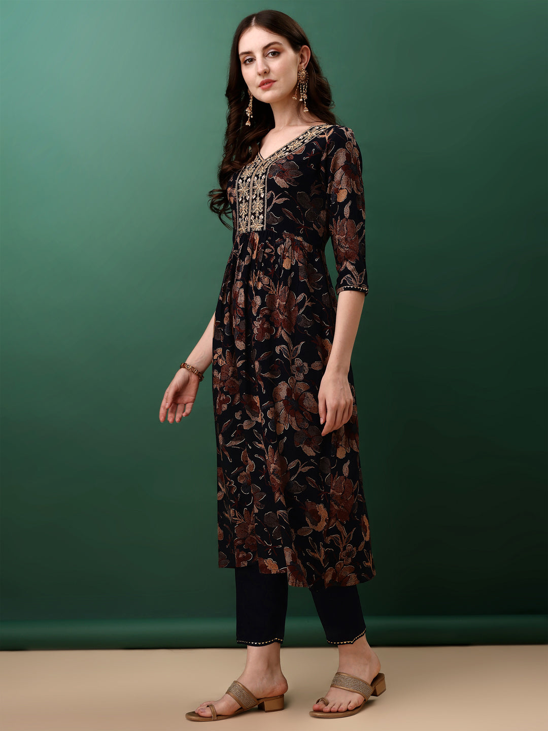 Flared Embroidered & Floral Printed Kurta With Pant & Dupatta, Navy Blue - Hiral Fashion