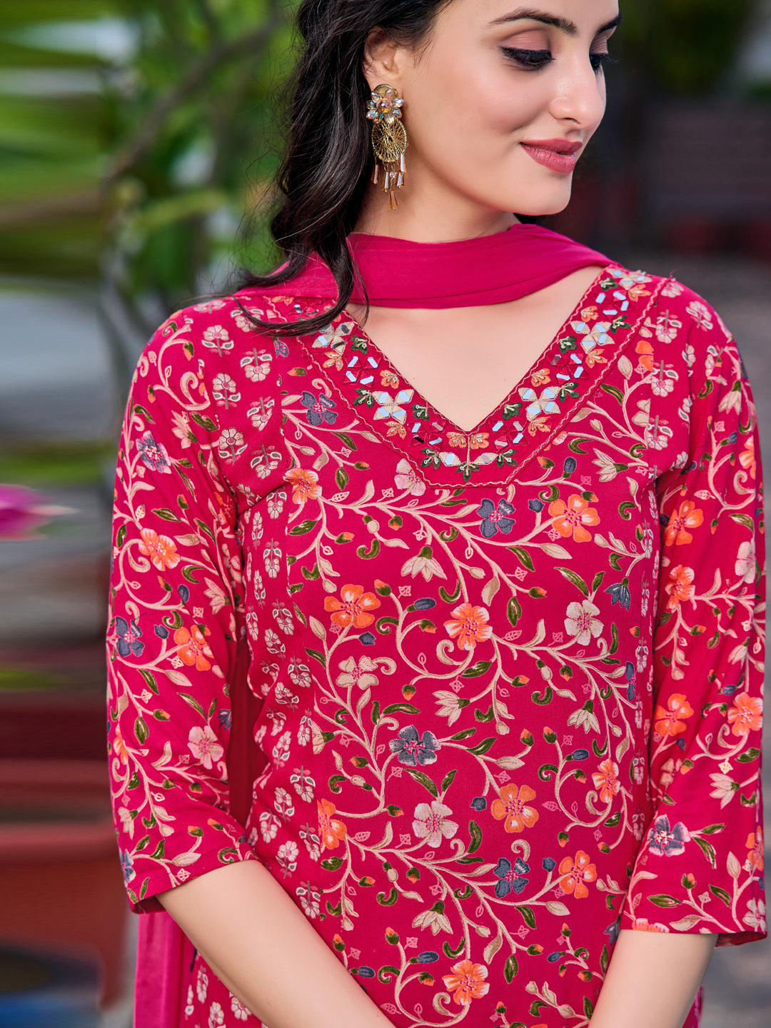 Mirror Embroidery & Floral Printed Kurta With Pant & Dupatta, Pink - Hiral Fashion