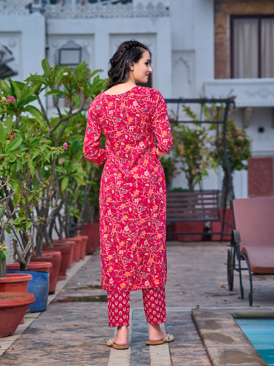 Mirror Embroidery & Floral Printed Kurta With Pant & Dupatta, Pink - Hiral Fashion