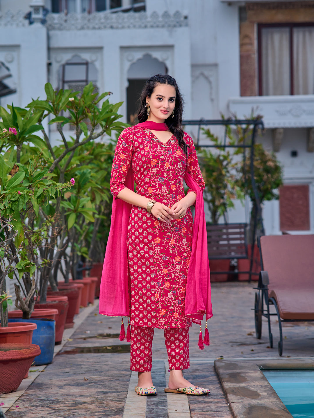 Mirror Embroidery & Floral Printed Kurta With Pant & Dupatta, Pink - Hiral Fashion