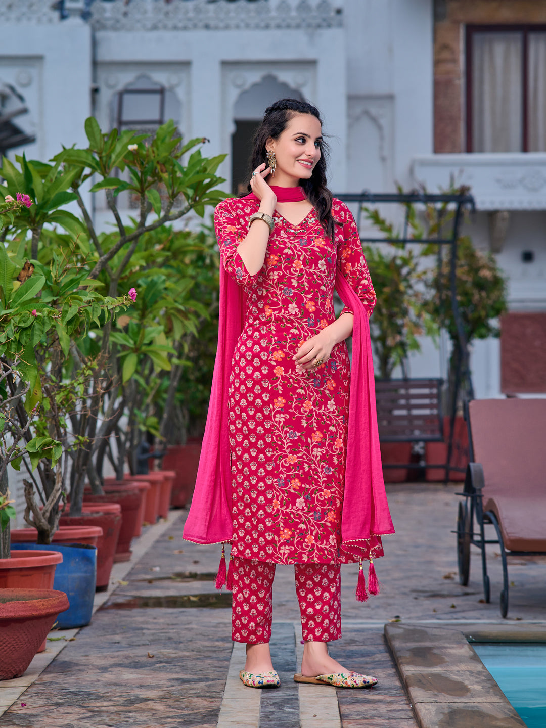 Mirror Embroidery & Floral Printed Kurta With Pant & Dupatta, Pink - Hiral Fashion