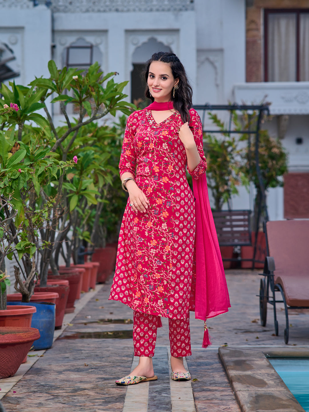 Mirror Embroidery & Floral Printed Kurta With Pant & Dupatta, Pink - Hiral Fashion