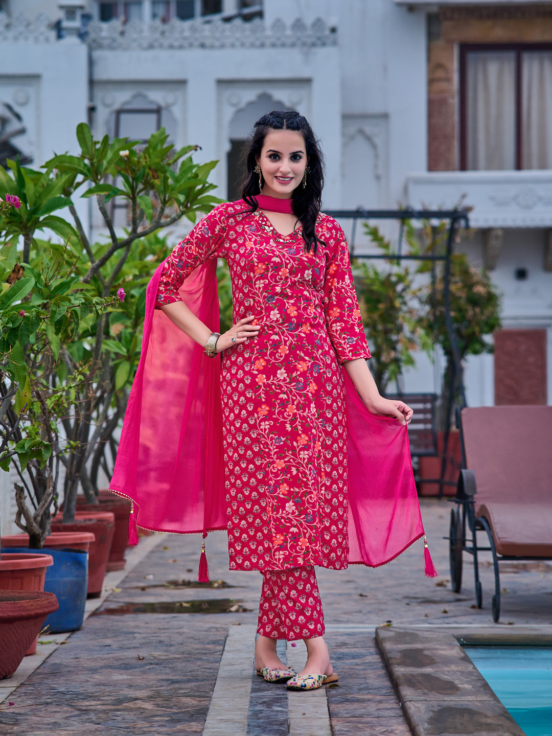 Mirror Embroidery & Floral Printed Kurta With Pant & Dupatta, Pink - Hiral Fashion