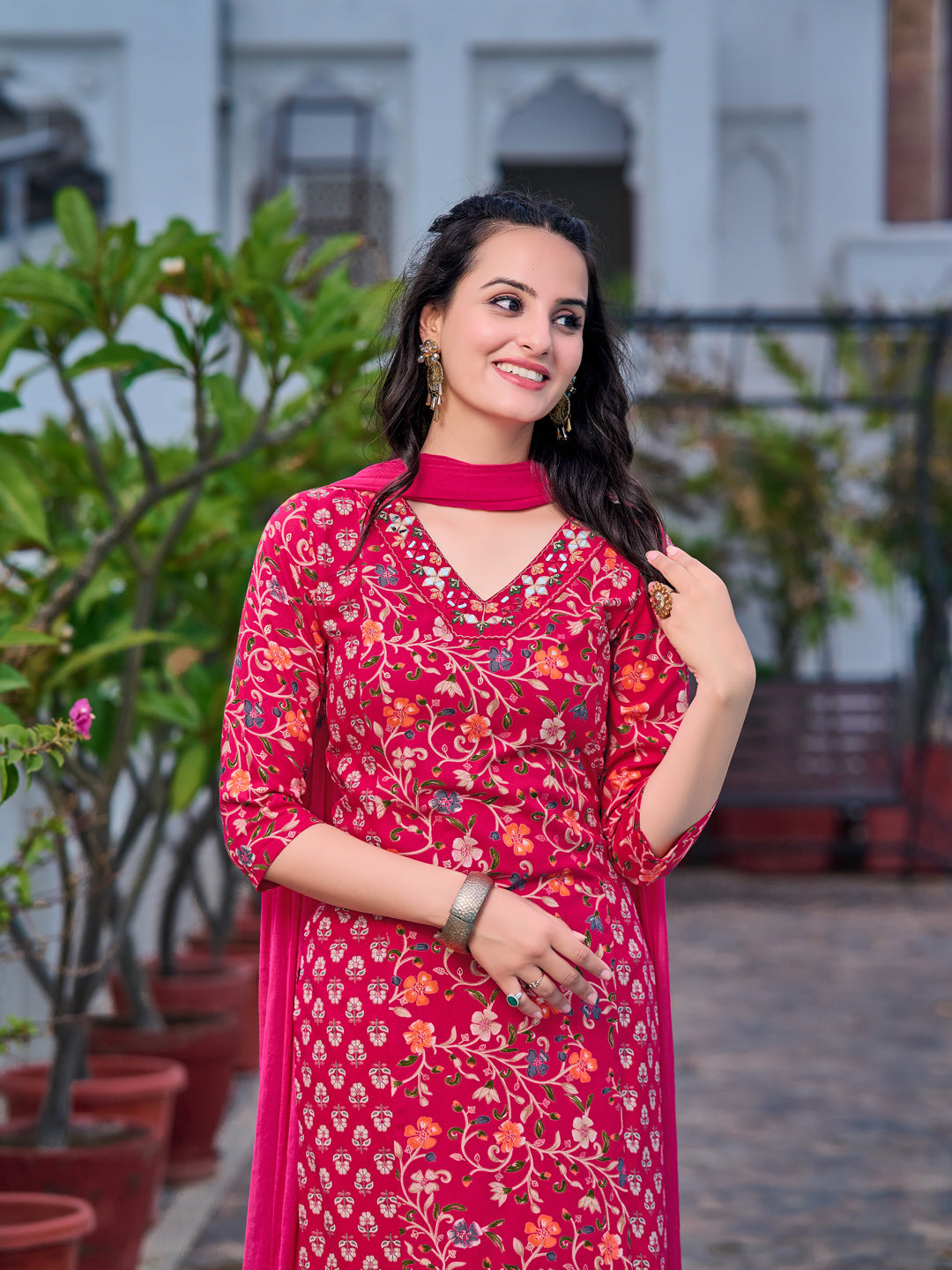 Mirror Embroidery & Floral Printed Kurta With Pant & Dupatta, Pink - Hiral Fashion