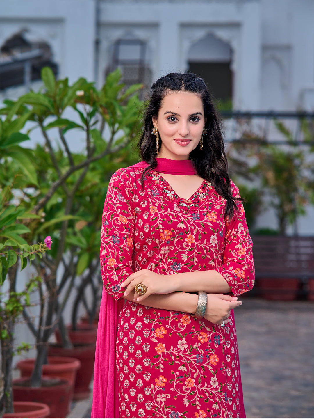 Mirror Embroidery & Floral Printed Kurta With Pant & Dupatta, Pink - Hiral Fashion