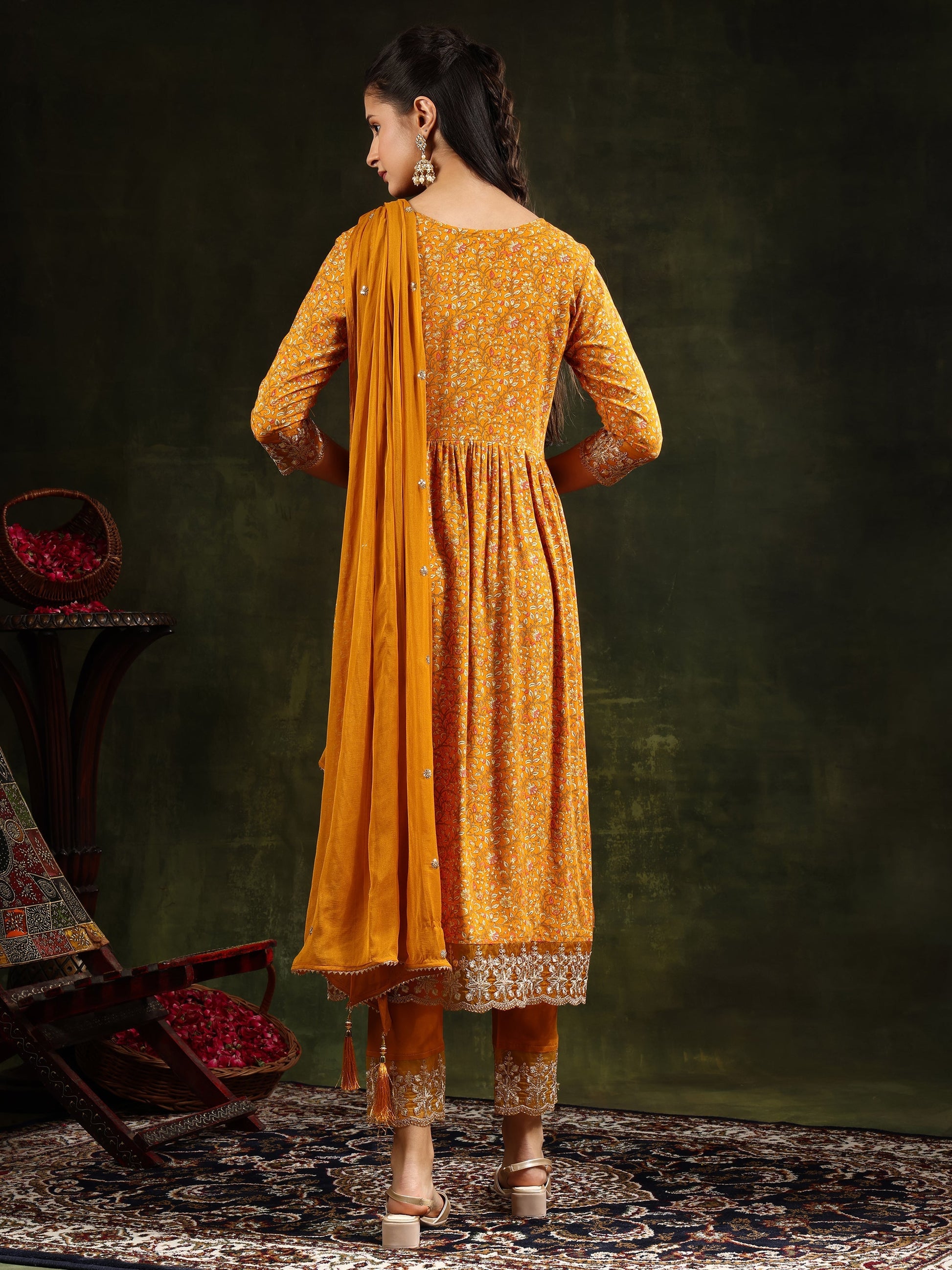 Nyra Cut Embroidered & Floral Printed Kurta With Pant & Embroidered Dupatta, Mustard - Hiral Fashion