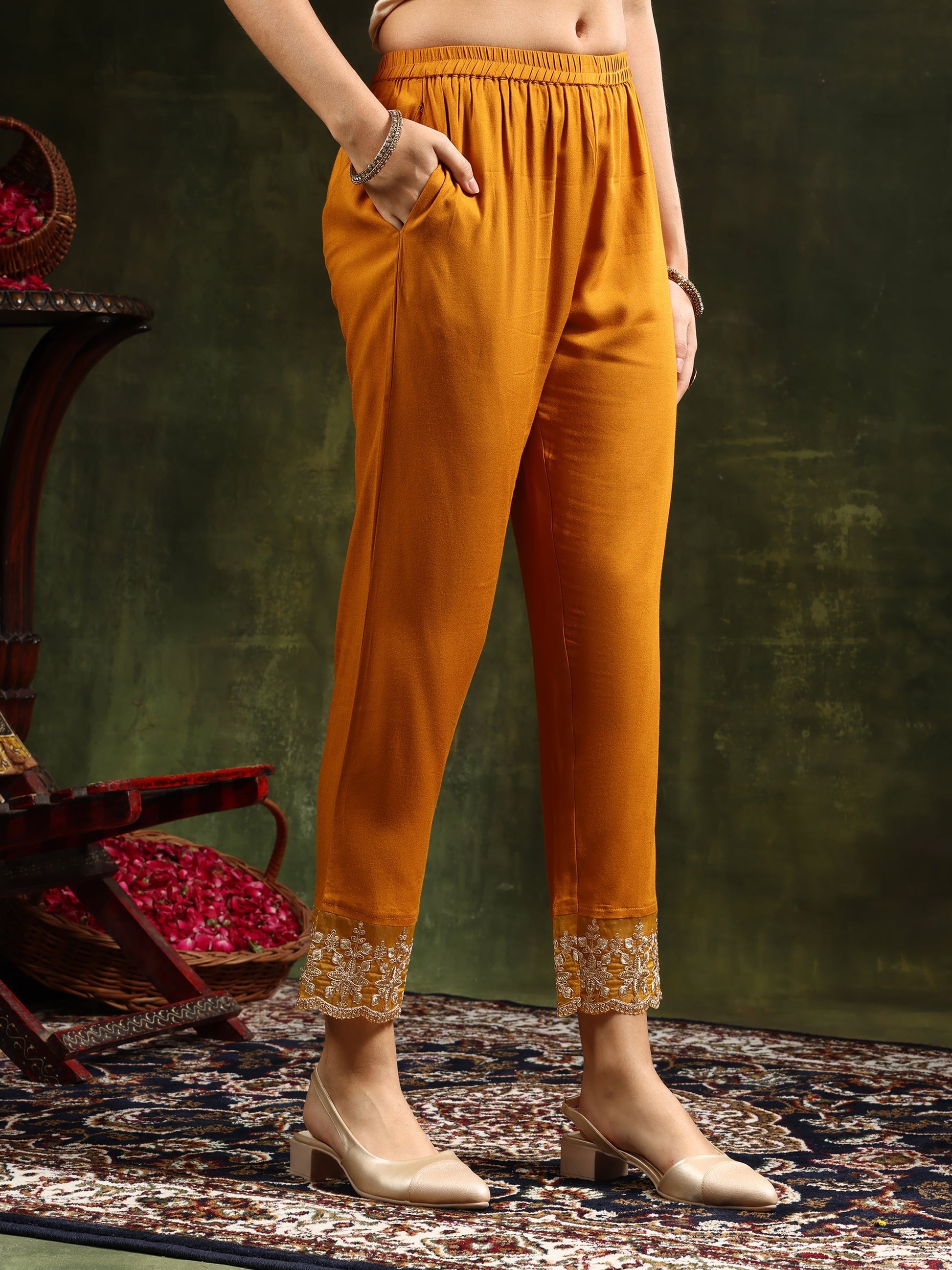 Nyra Cut Embroidered & Floral Printed Kurta With Pant & Embroidered Dupatta, Mustard - Hiral Fashion