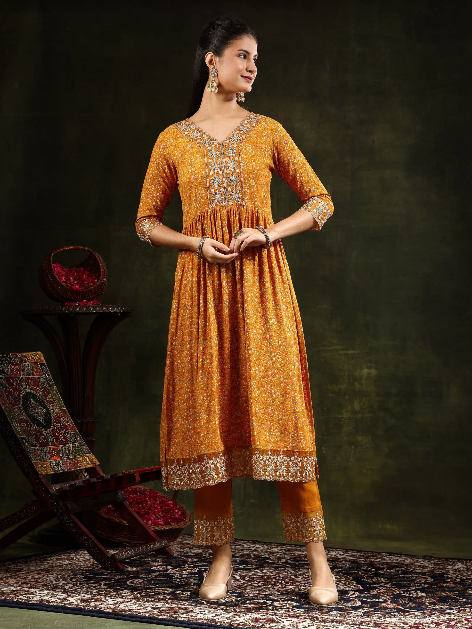 Nyra Cut Embroidered & Floral Printed Kurta With Pant & Embroidered Dupatta, Mustard - Hiral Fashion