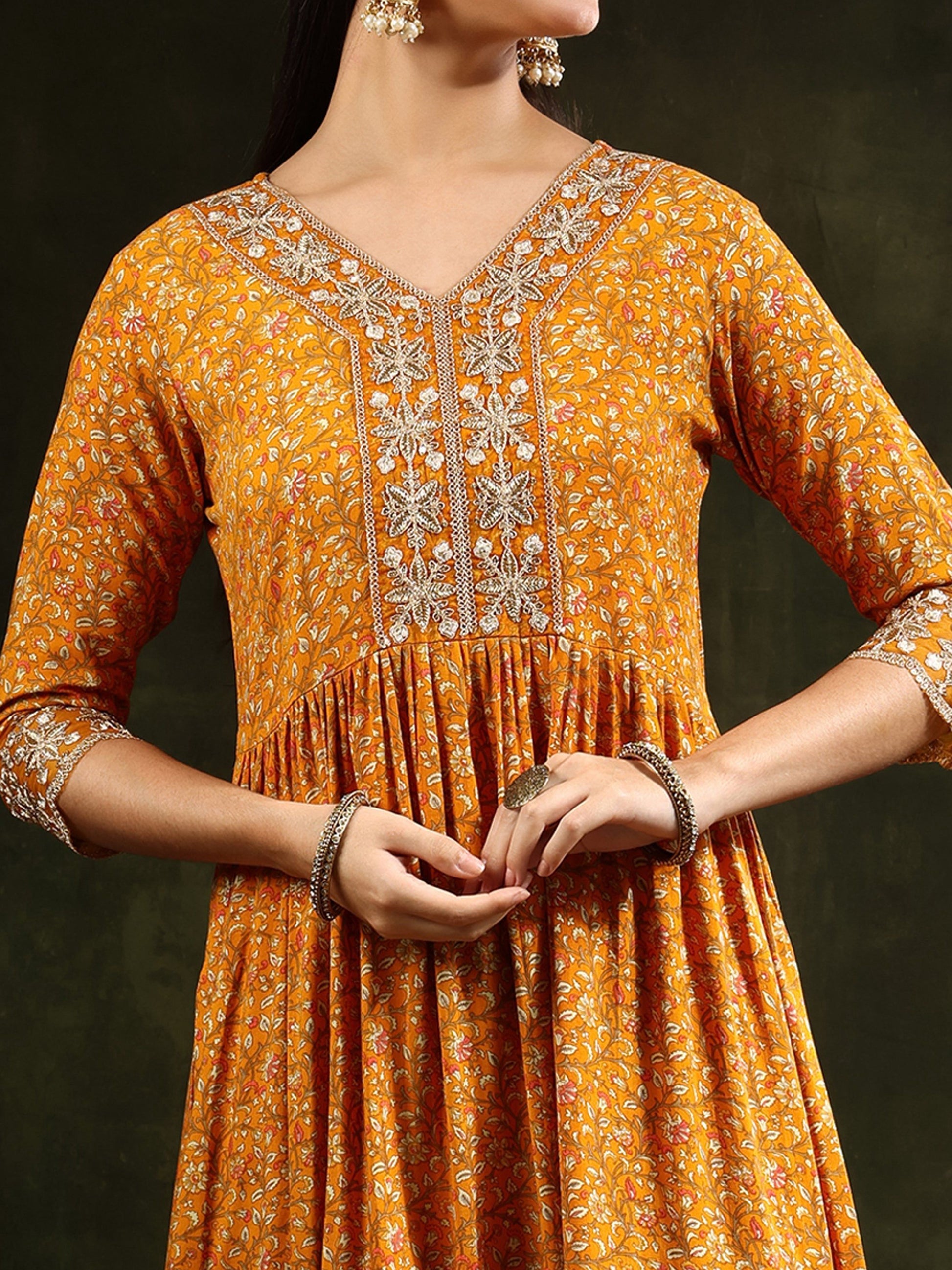 Nyra Cut Embroidered & Floral Printed Kurta With Pant & Embroidered Dupatta, Mustard - Hiral Fashion