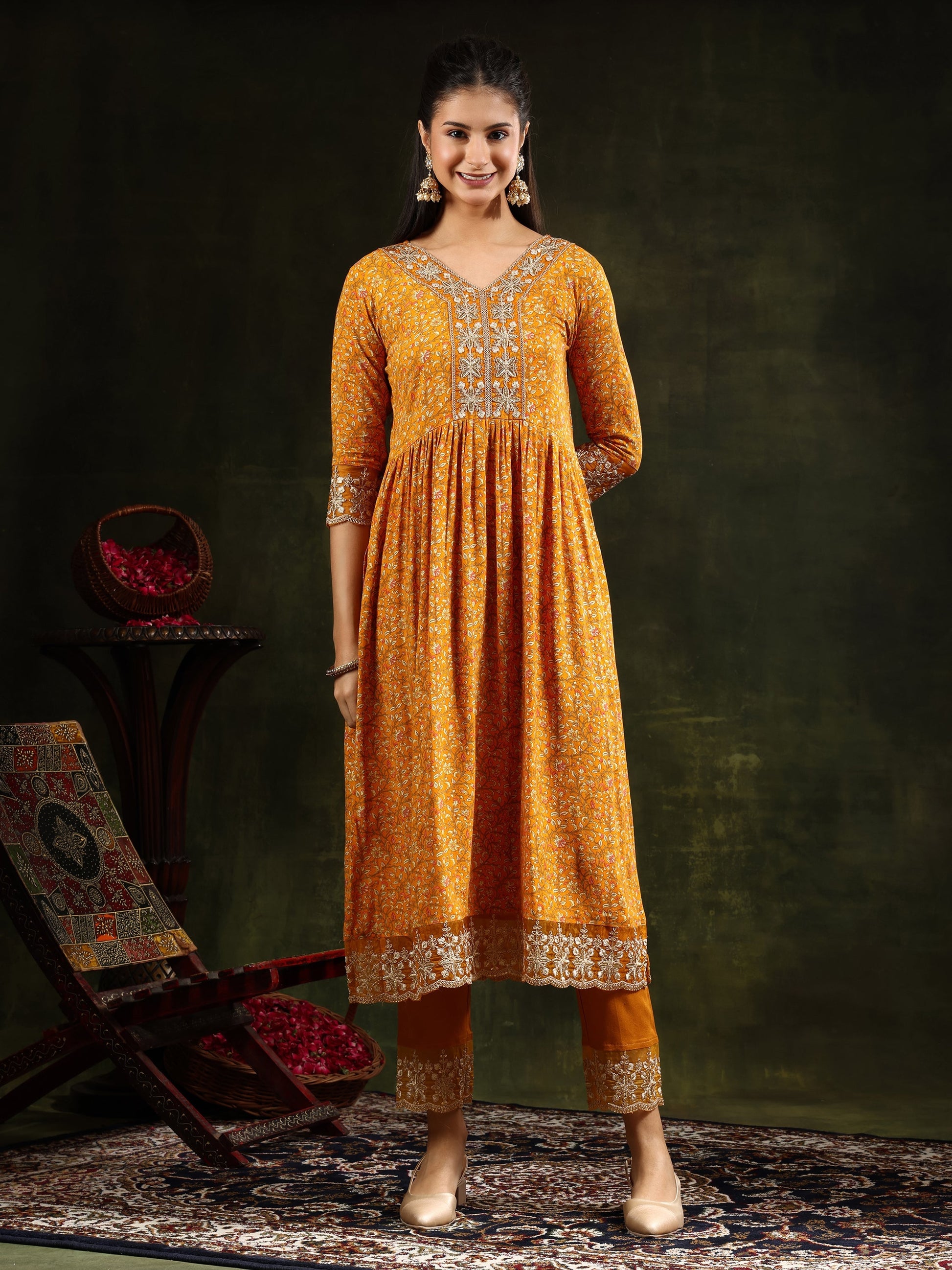 Nyra Cut Embroidered & Floral Printed Kurta With Pant & Embroidered Dupatta, Mustard - Hiral Fashion