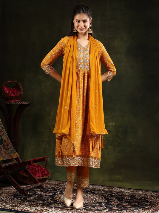 Nyra Cut Embroidered & Floral Printed Kurta With Pant & Embroidered Dupatta, Mustard - Hiral Fashion