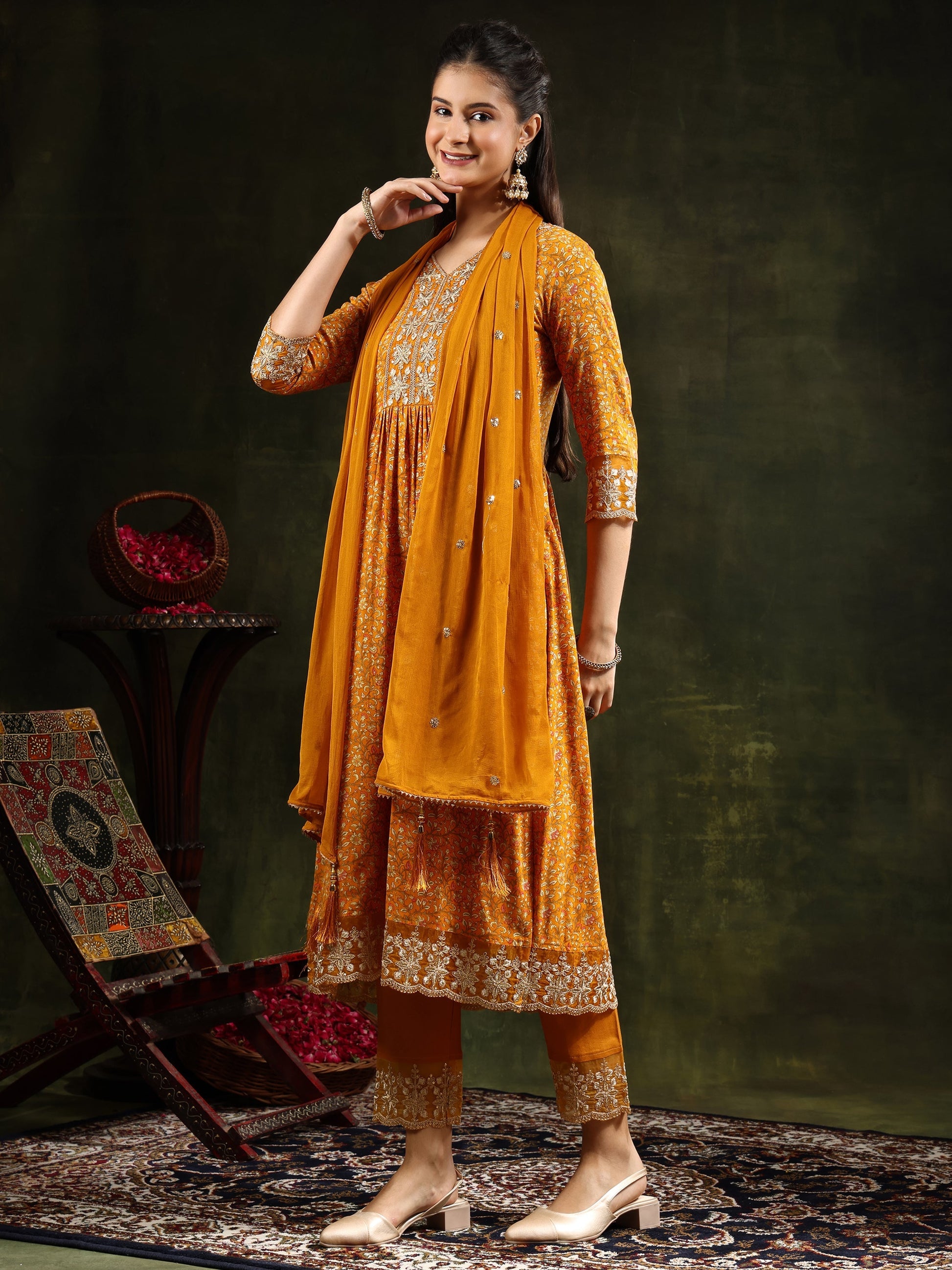 Nyra Cut Embroidered & Floral Printed Kurta With Pant & Embroidered Dupatta, Mustard - Hiral Fashion