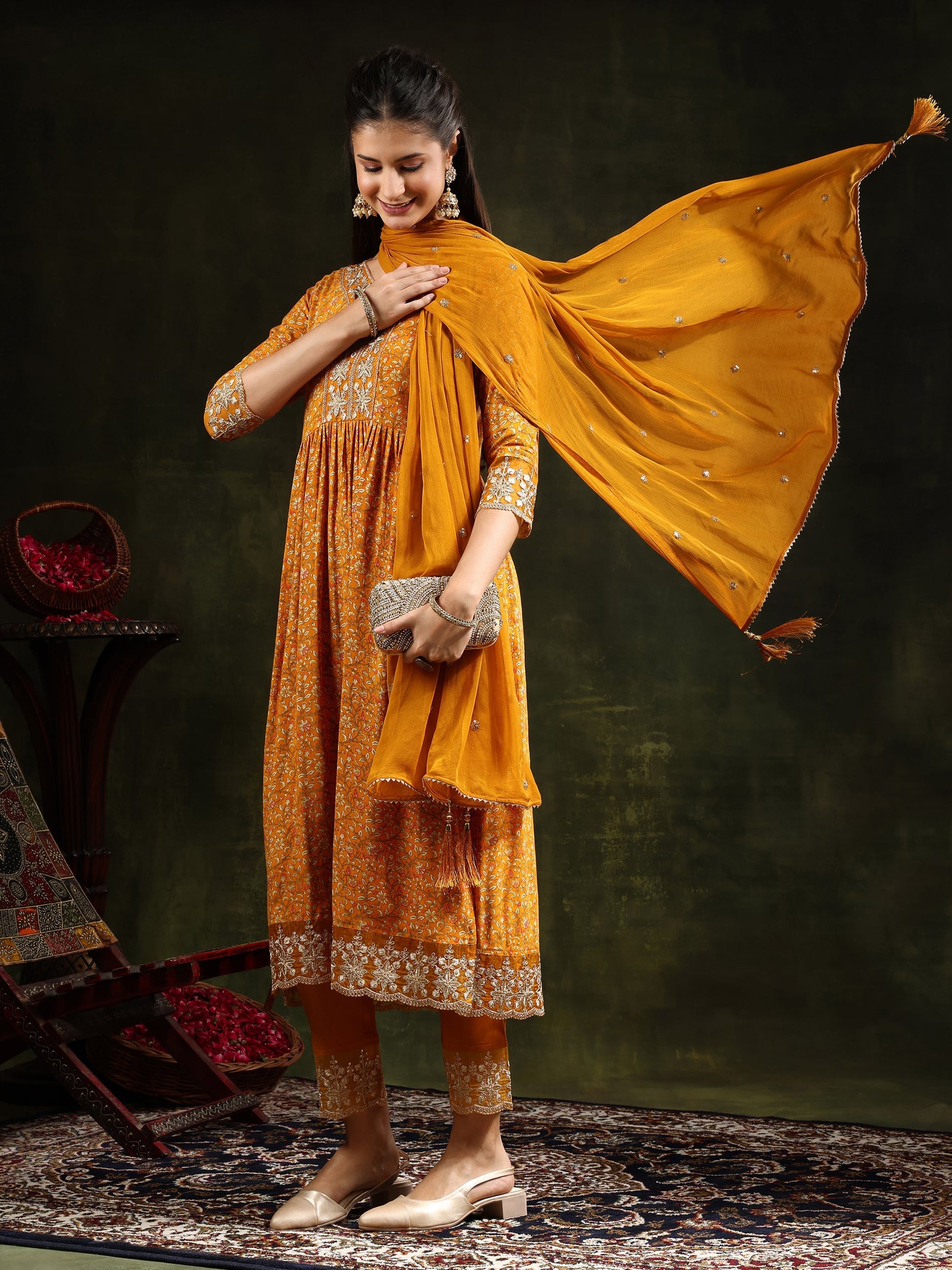 Nyra Cut Embroidered & Floral Printed Kurta With Pant & Embroidered Dupatta, Mustard - Hiral Fashion