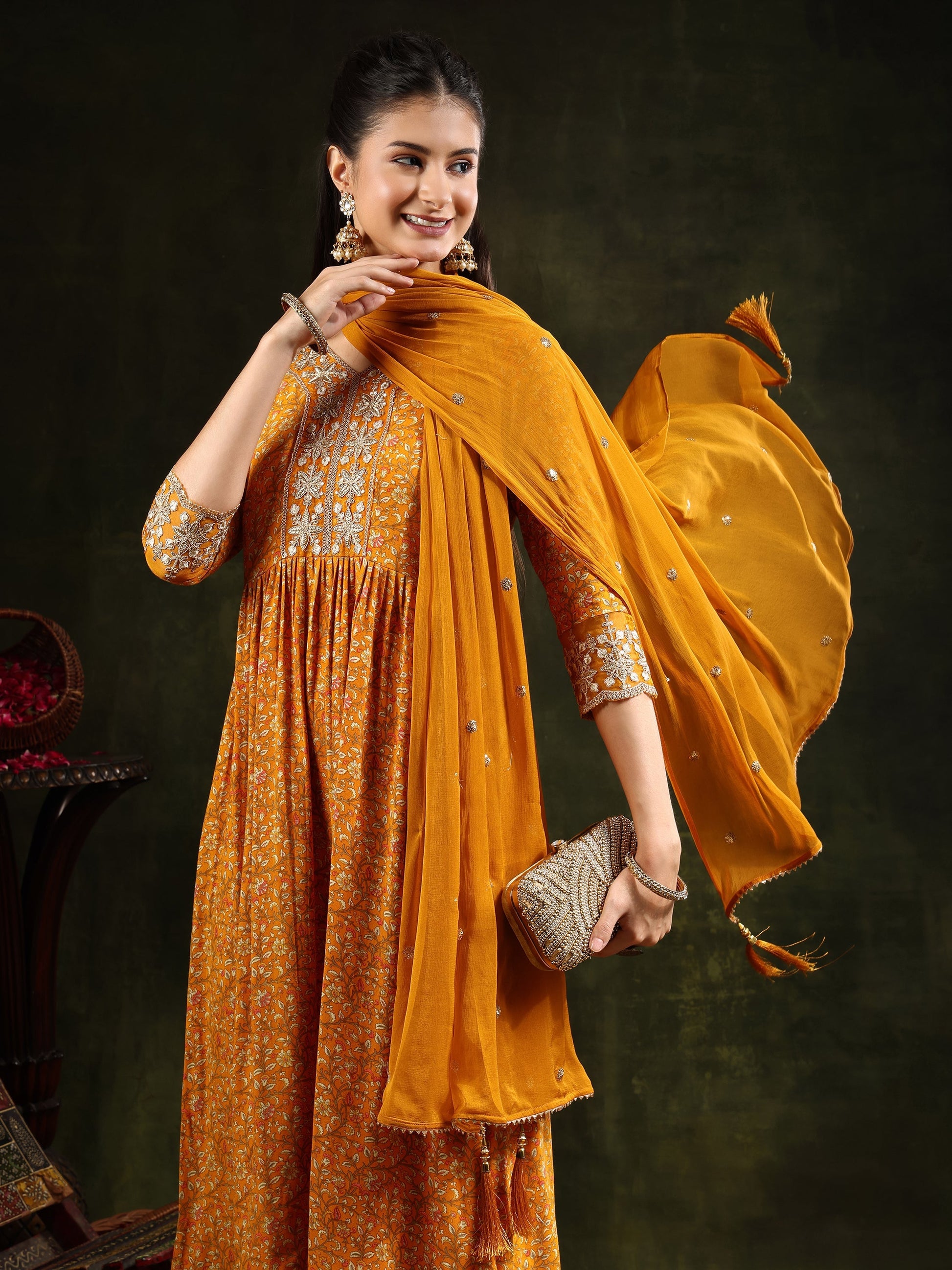 Nyra Cut Embroidered & Floral Printed Kurta With Pant & Embroidered Dupatta, Mustard - Hiral Fashion