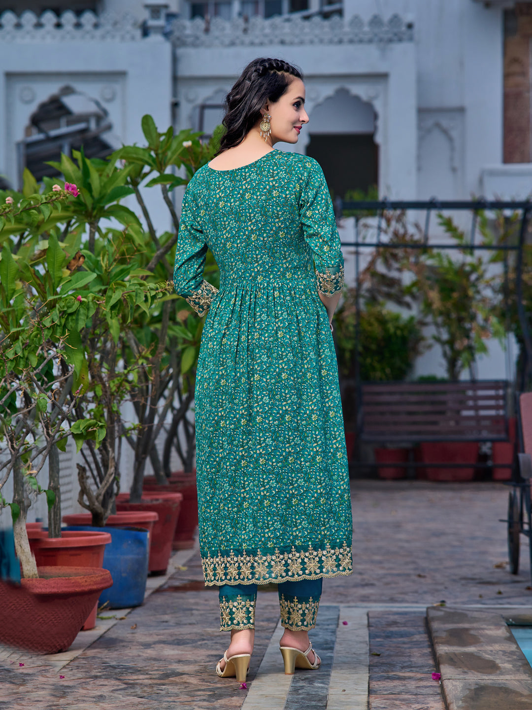 Nyra Cut Embroidered & Floral Printed Kurta With Pant & Embroidered Dupatta, Teal - Hiral Fashion