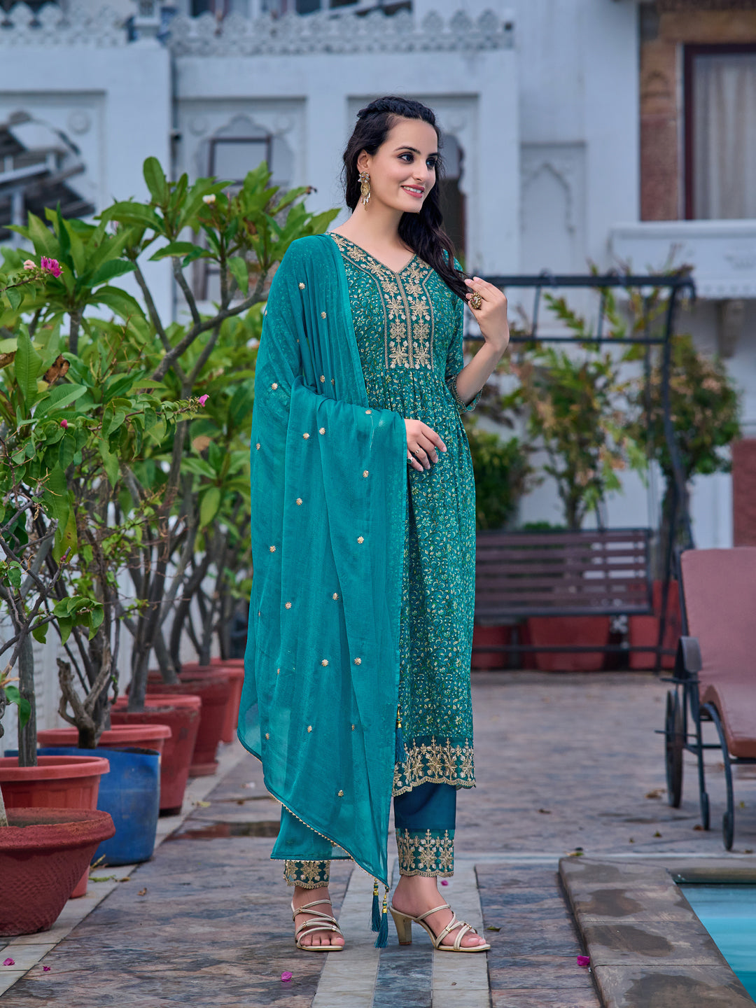 Nyra Cut Embroidered & Floral Printed Kurta With Pant & Embroidered Dupatta, Teal - Hiral Fashion