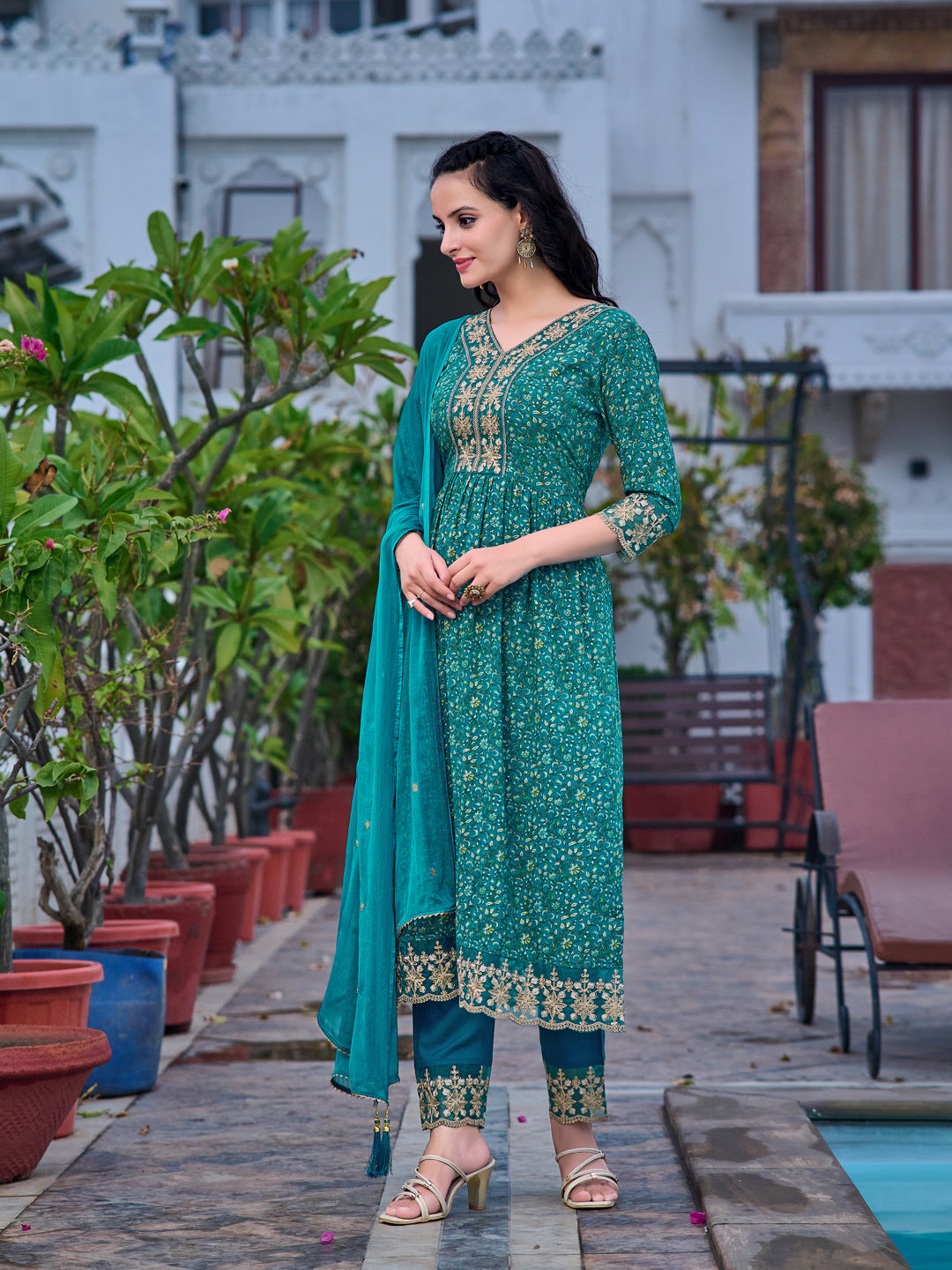 Nyra Cut Embroidered & Floral Printed Kurta With Pant & Embroidered Dupatta, Teal - Hiral Fashion