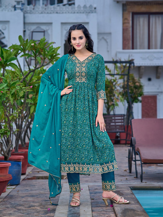 Nyra Cut Embroidered & Floral Printed Kurta With Pant & Embroidered Dupatta, Teal - Hiral Fashion