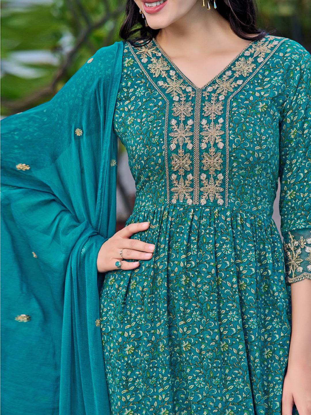 Nyra Cut Embroidered & Floral Printed Kurta With Pant & Embroidered Dupatta, Teal - Hiral Fashion