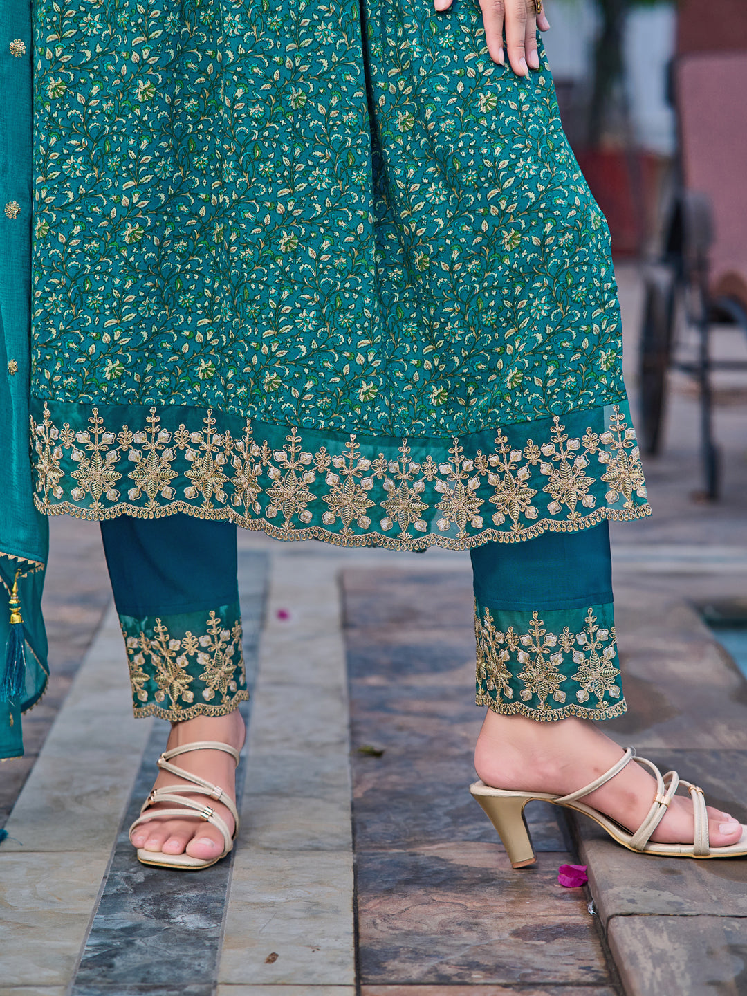 Nyra Cut Embroidered & Floral Printed Kurta With Pant & Embroidered Dupatta, Teal - Hiral Fashion