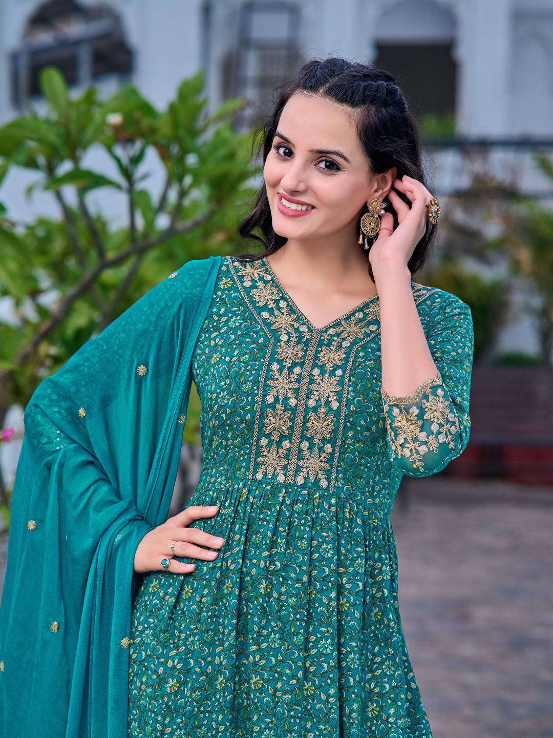 Nyra Cut Embroidered & Floral Printed Kurta With Pant & Embroidered Dupatta, Teal - Hiral Fashion