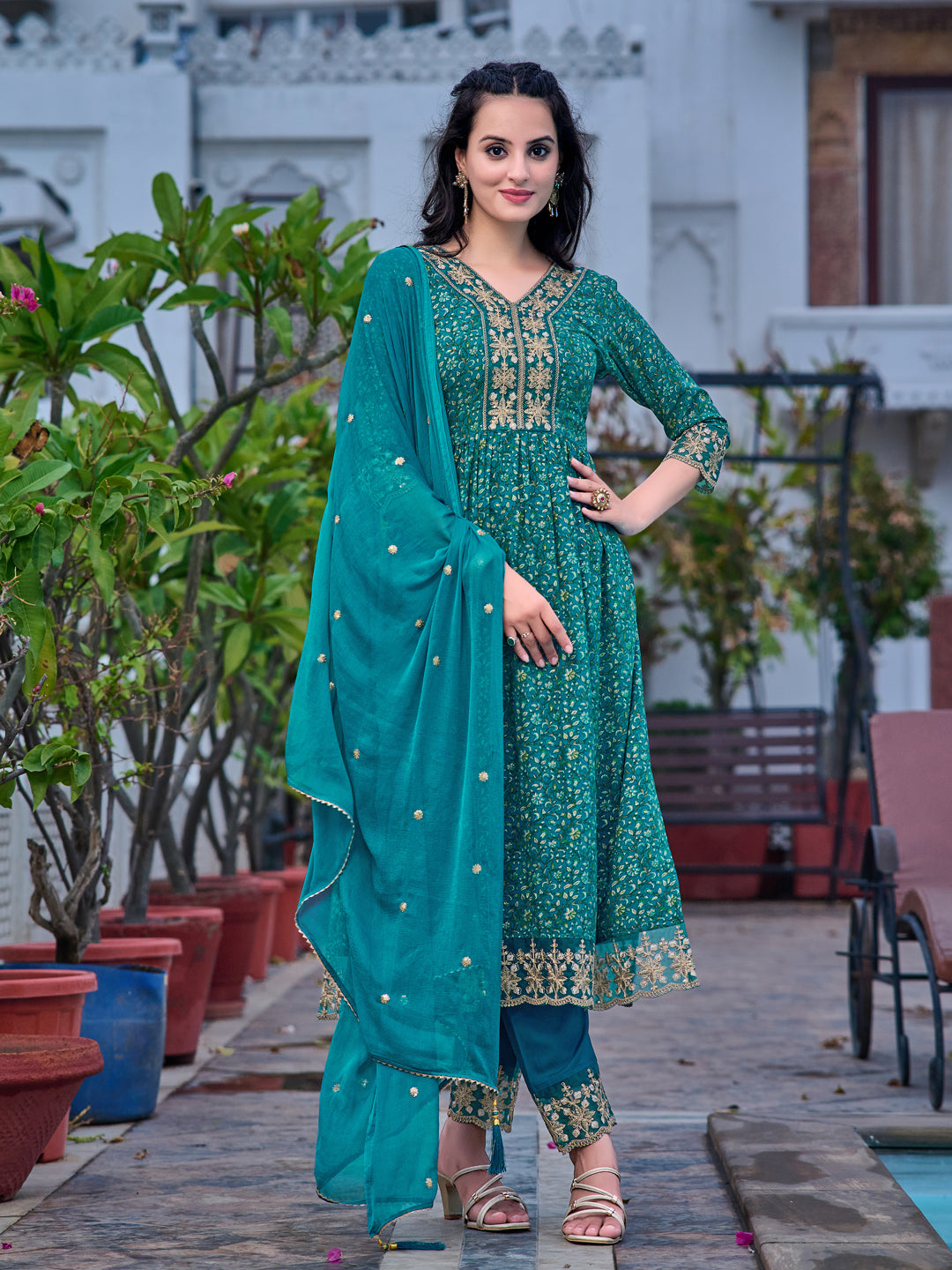 Nyra Cut Embroidered & Floral Printed Kurta With Pant & Embroidered Dupatta, Teal - Hiral Fashion