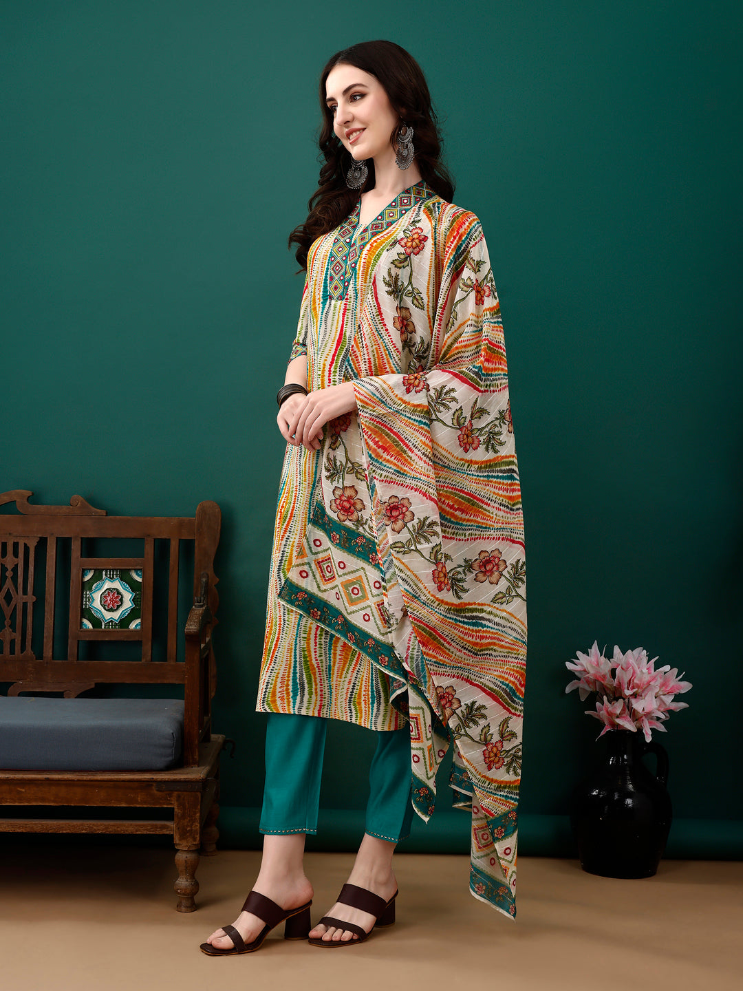 Mirror Embroidery And Shibori Printed Kurta With Pant & Dupatta, Multicolor - Hiral Fashion