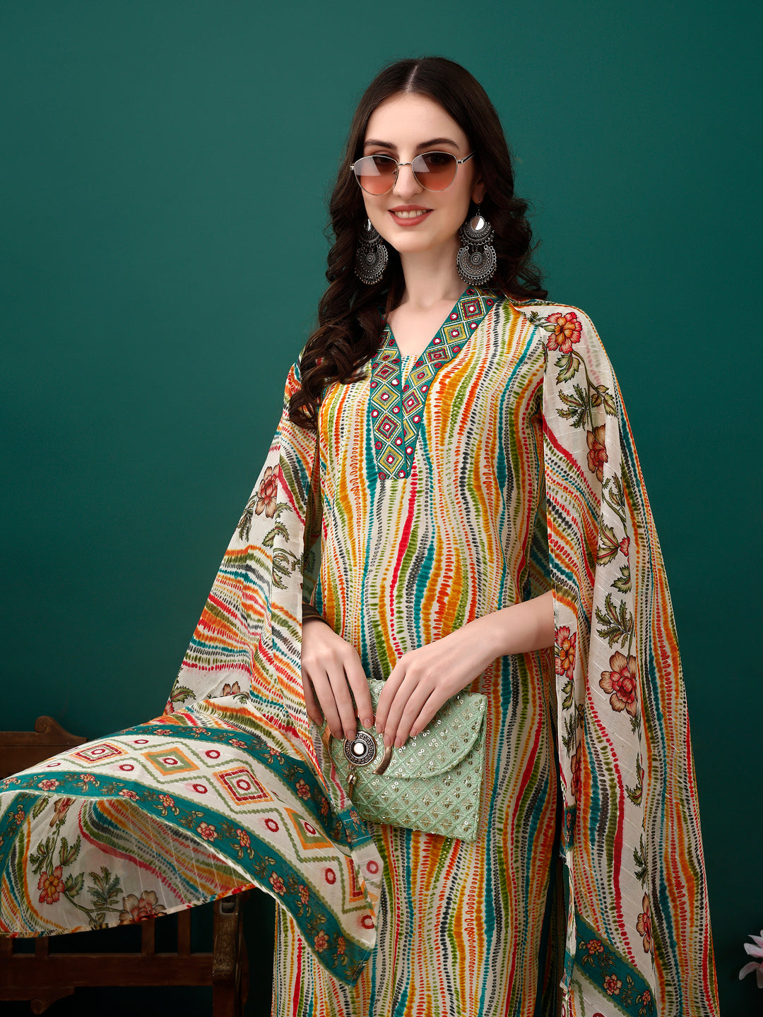 Mirror Embroidery And Shibori Printed Kurta With Pant & Dupatta, Multicolor - Hiral Fashion