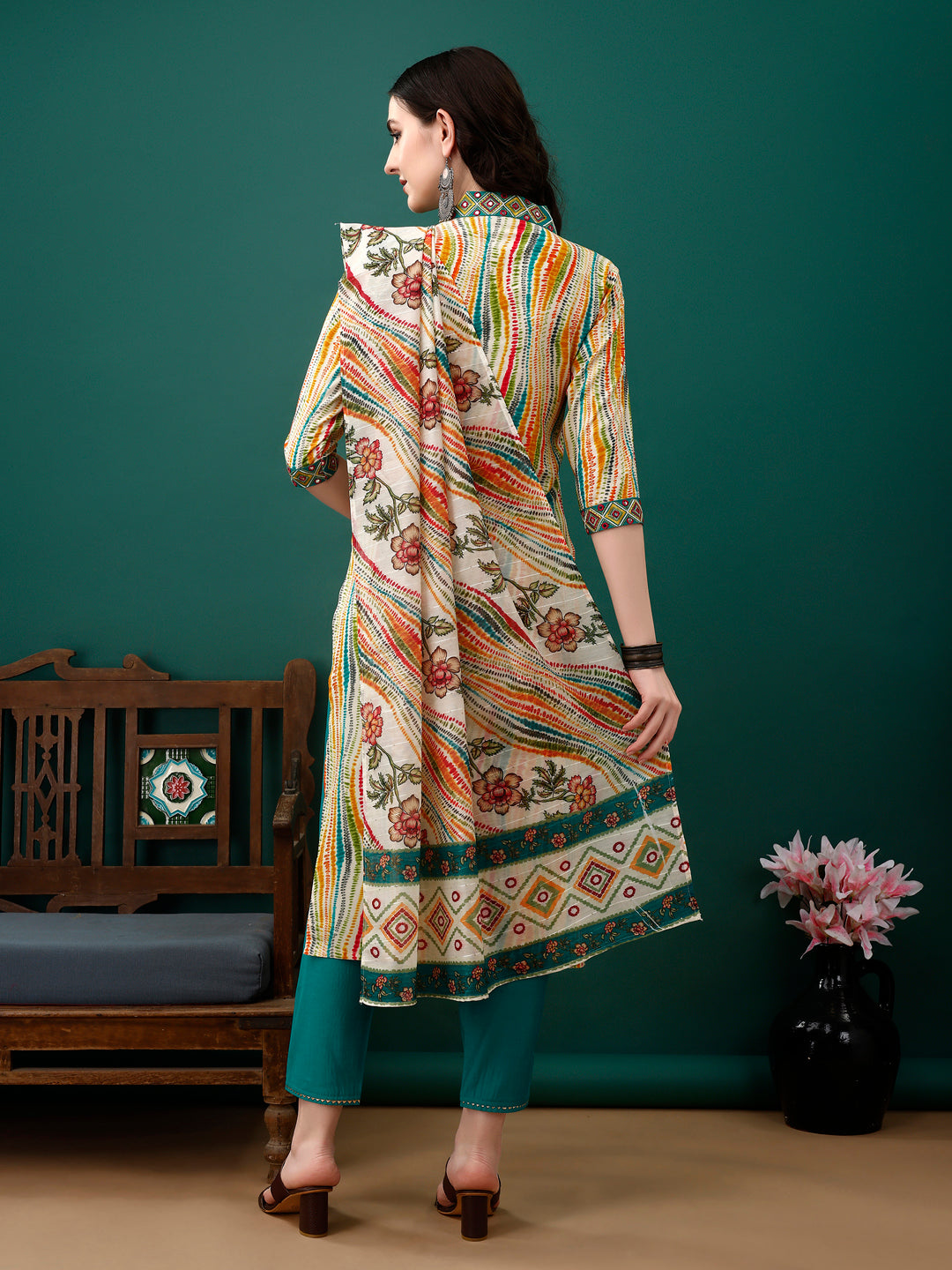 Mirror Embroidery And Shibori Printed Kurta With Pant & Dupatta, Multicolor - Hiral Fashion