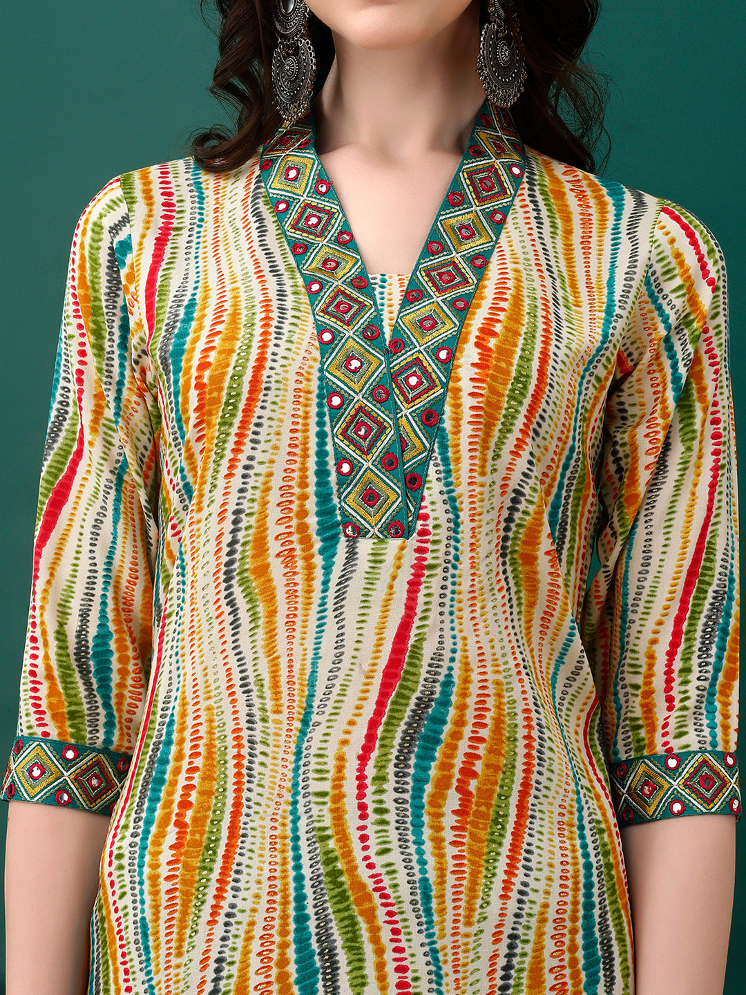 Mirror Embroidery And Shibori Printed Kurta With Pant & Dupatta, Multicolor - Hiral Fashion