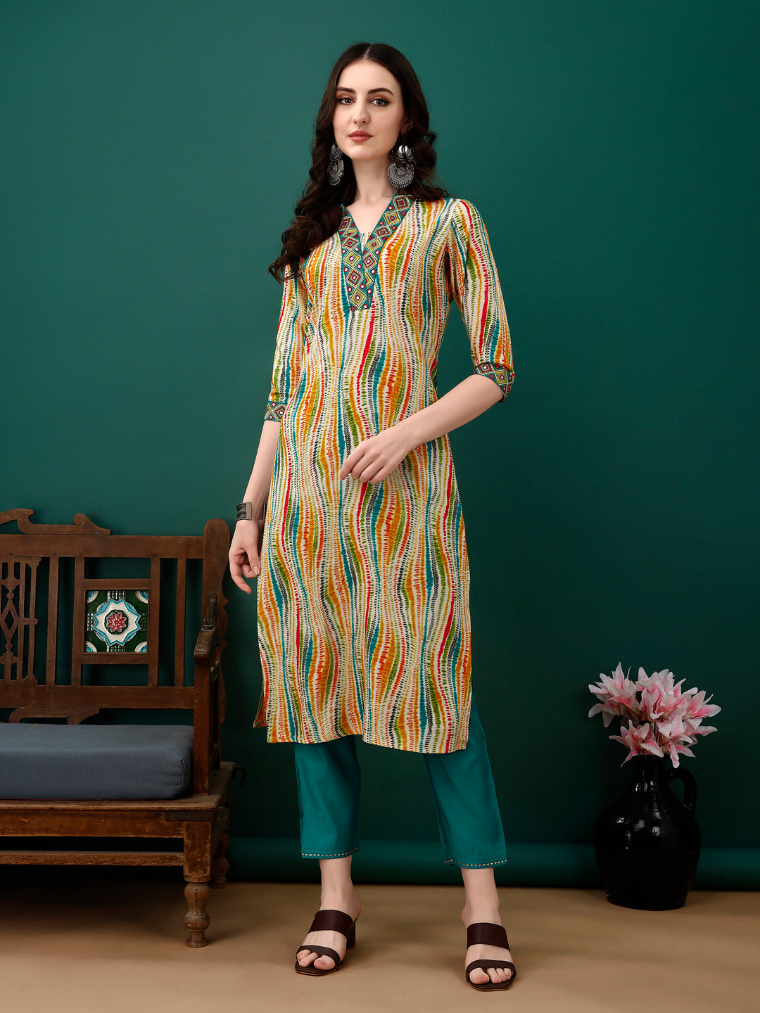 Mirror Embroidery And Shibori Printed Kurta With Pant & Dupatta, Multicolor - Hiral Fashion