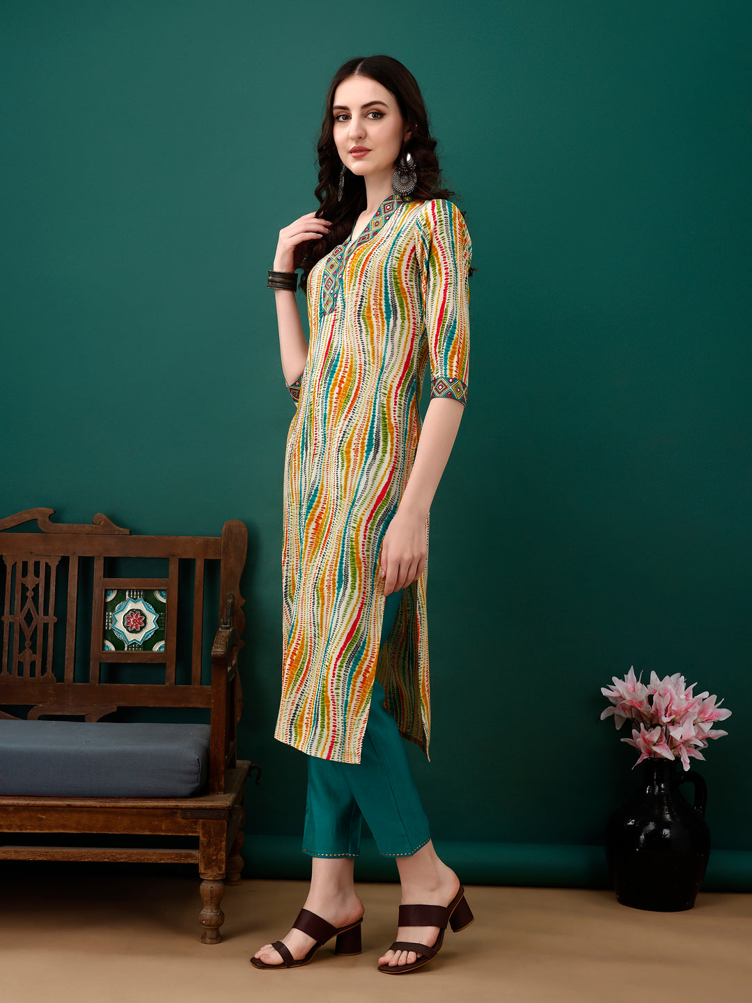 Mirror Embroidery And Shibori Printed Kurta With Pant & Dupatta, Multicolor - Hiral Fashion