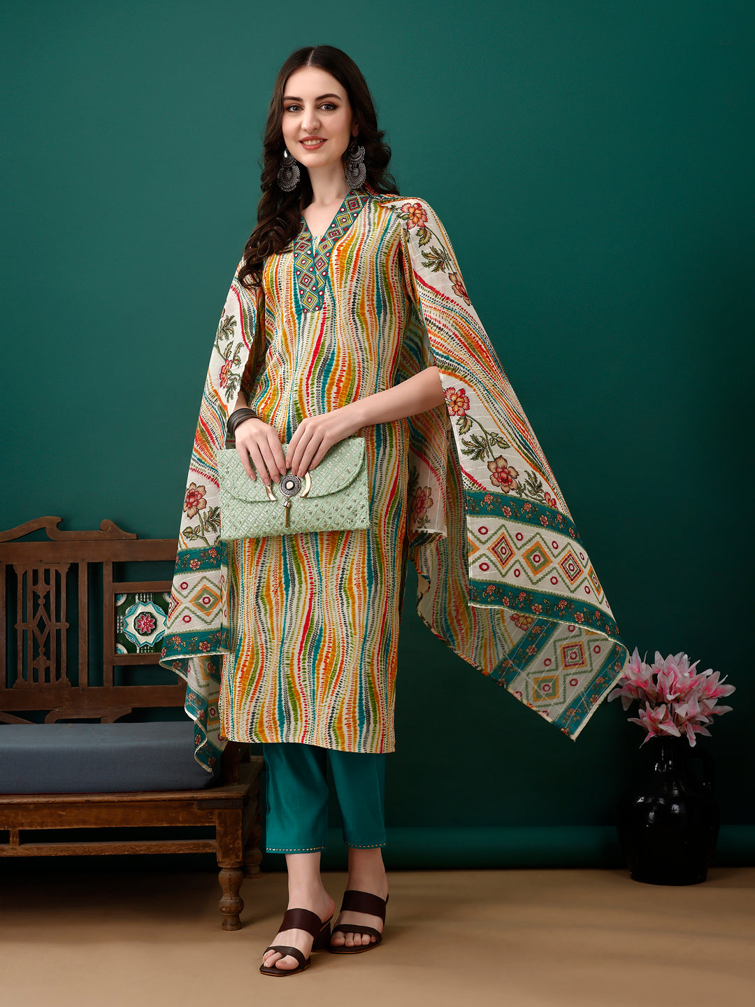 Mirror Embroidery And Shibori Printed Kurta With Pant & Dupatta, Multicolor - Hiral Fashion