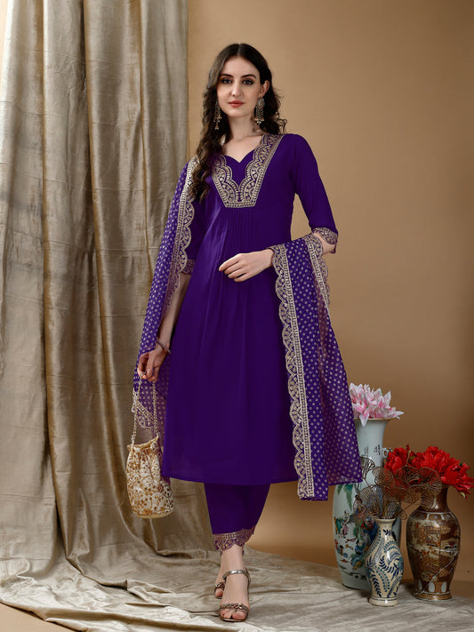 Embroidered Kurta With Pant & Bandhani Printed Embroidered Dupatta, Purple - Hiral Fashion